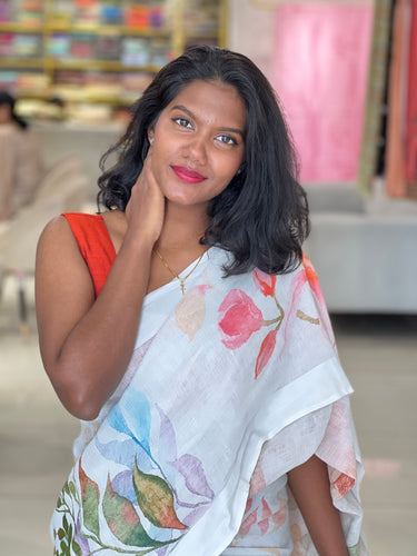 Floral Digital Print Detailed Linen Saree | MR405