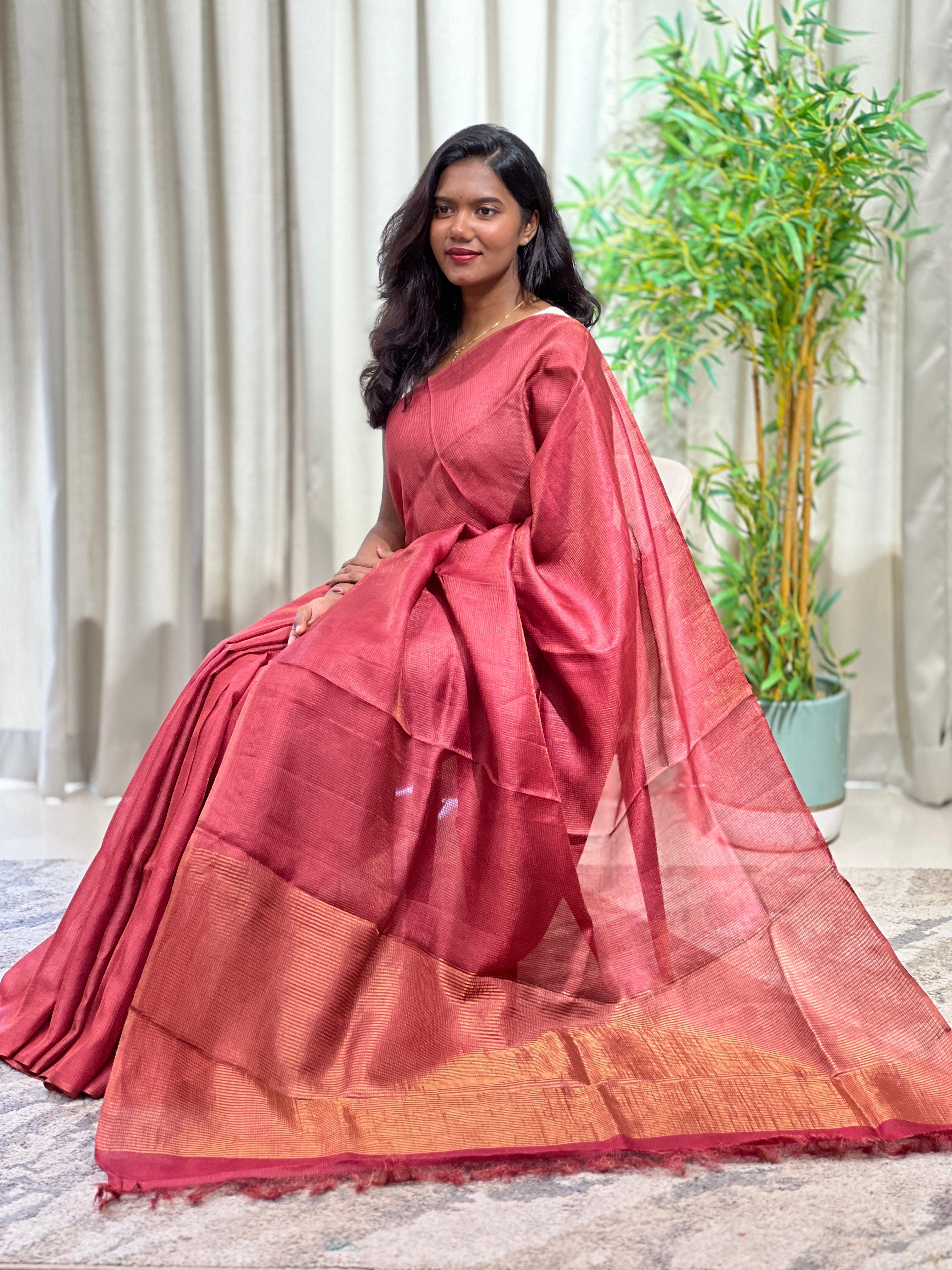 Tissue Check Pattern Tussar Saree | YNG1605