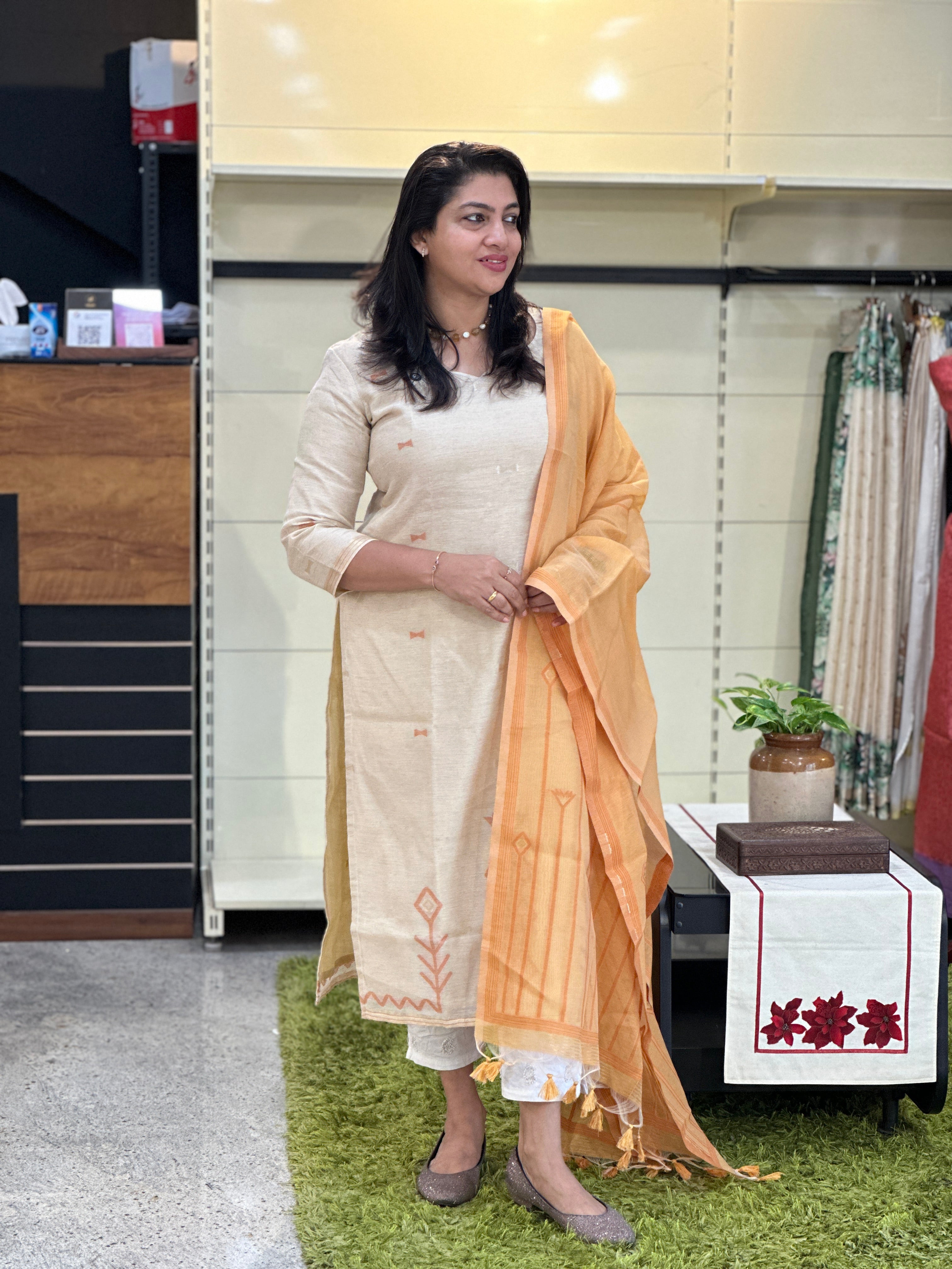 Jamdani Woven Chanderi-Linen Finish Unstitched Salwar Set | SSN466