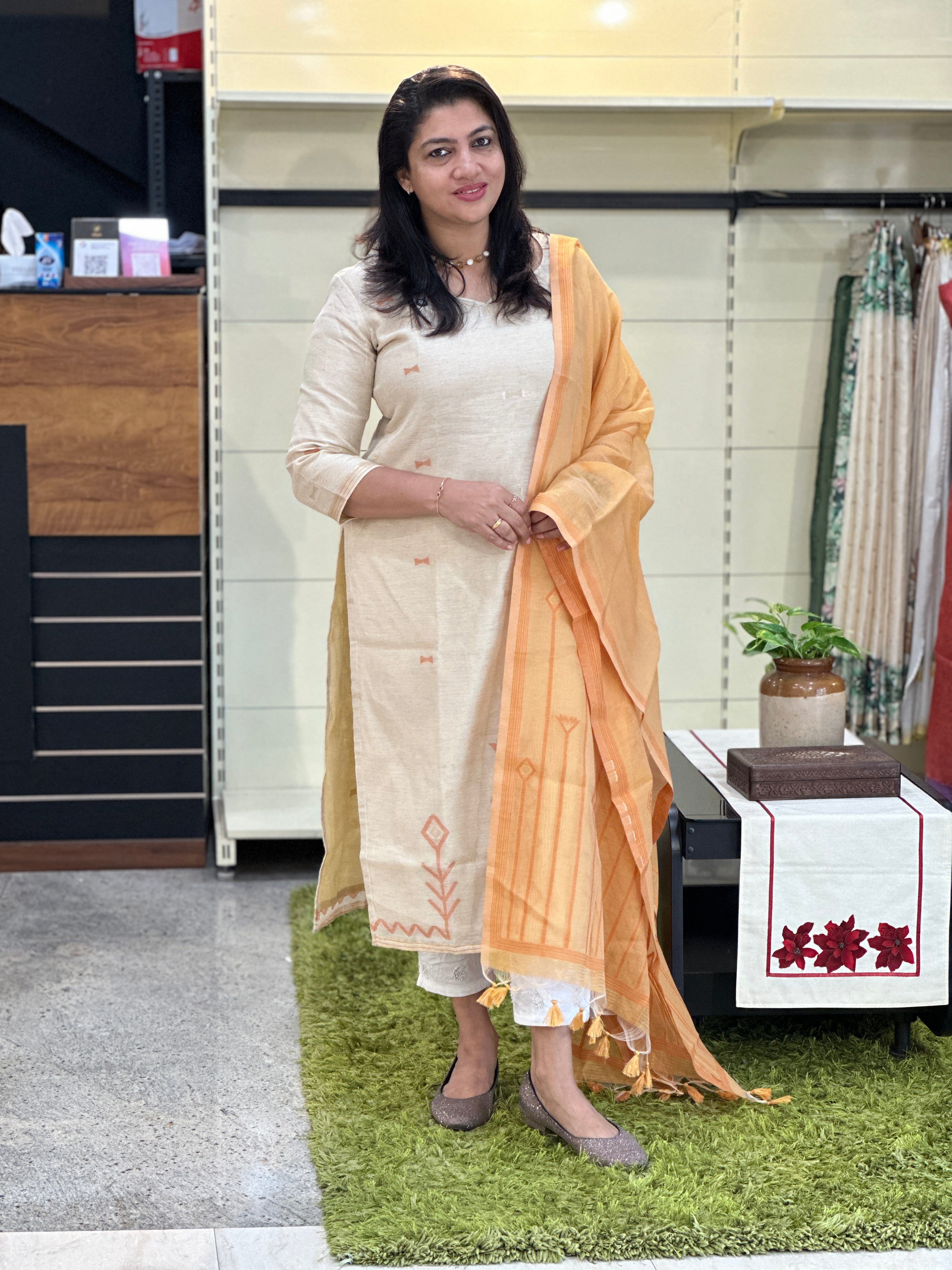 Jamdani Woven Chanderi-Linen Finish Unstitched Salwar Set | SSN466