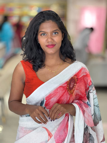 Floral Digital Print Detailed Linen Saree | MR406
