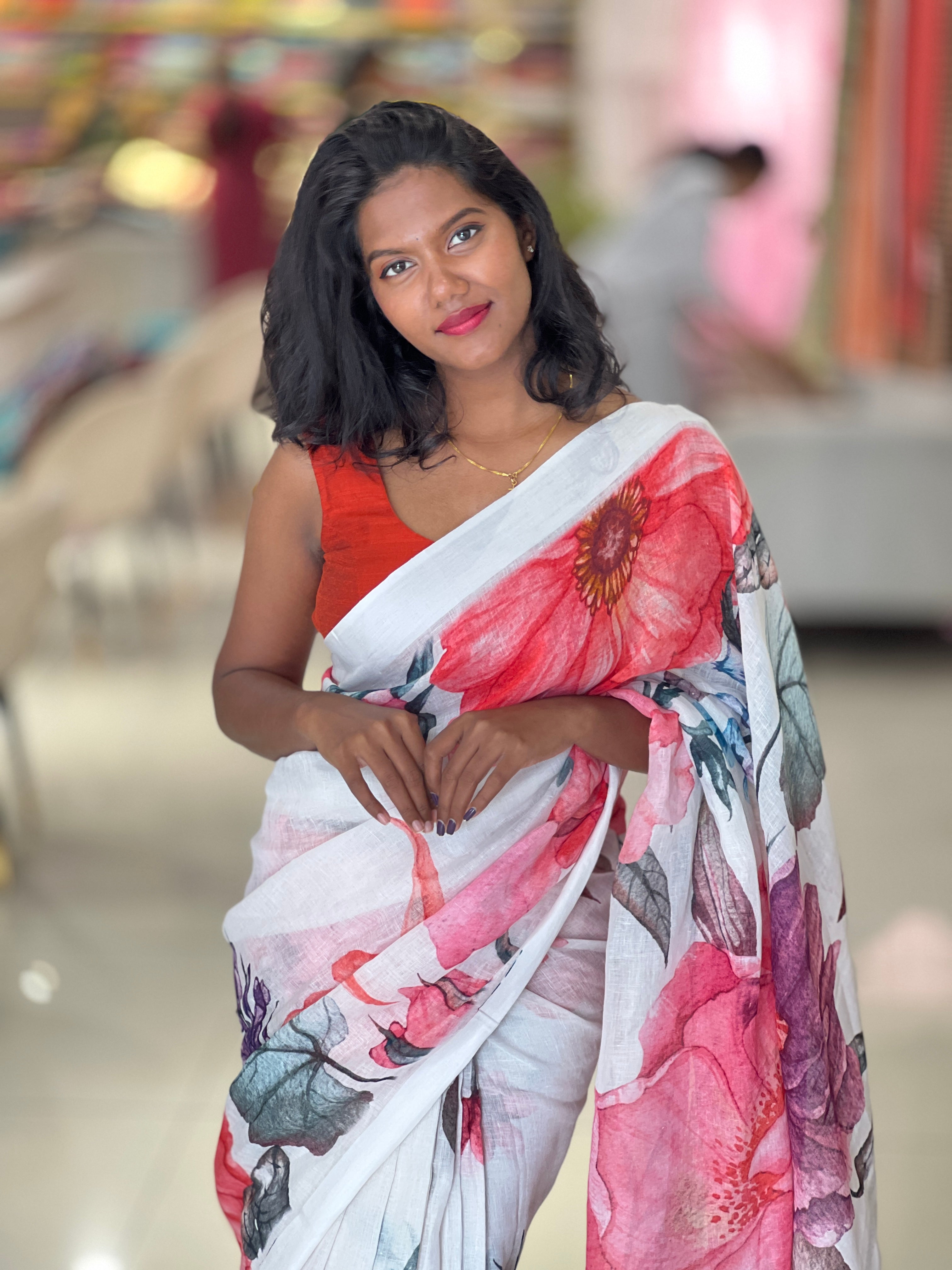 Floral Digital Print Detailed Linen Saree | MR406