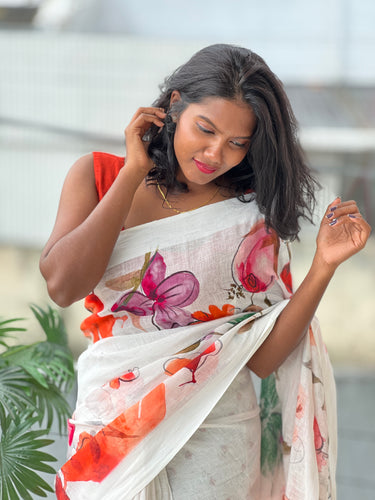 Floral Digital Print Detailed Linen Saree | MR393