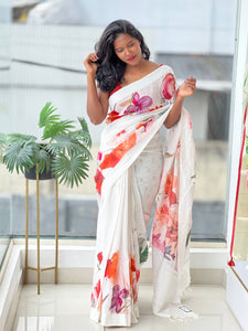 Floral Digital Print Detailed Linen Saree | MR393