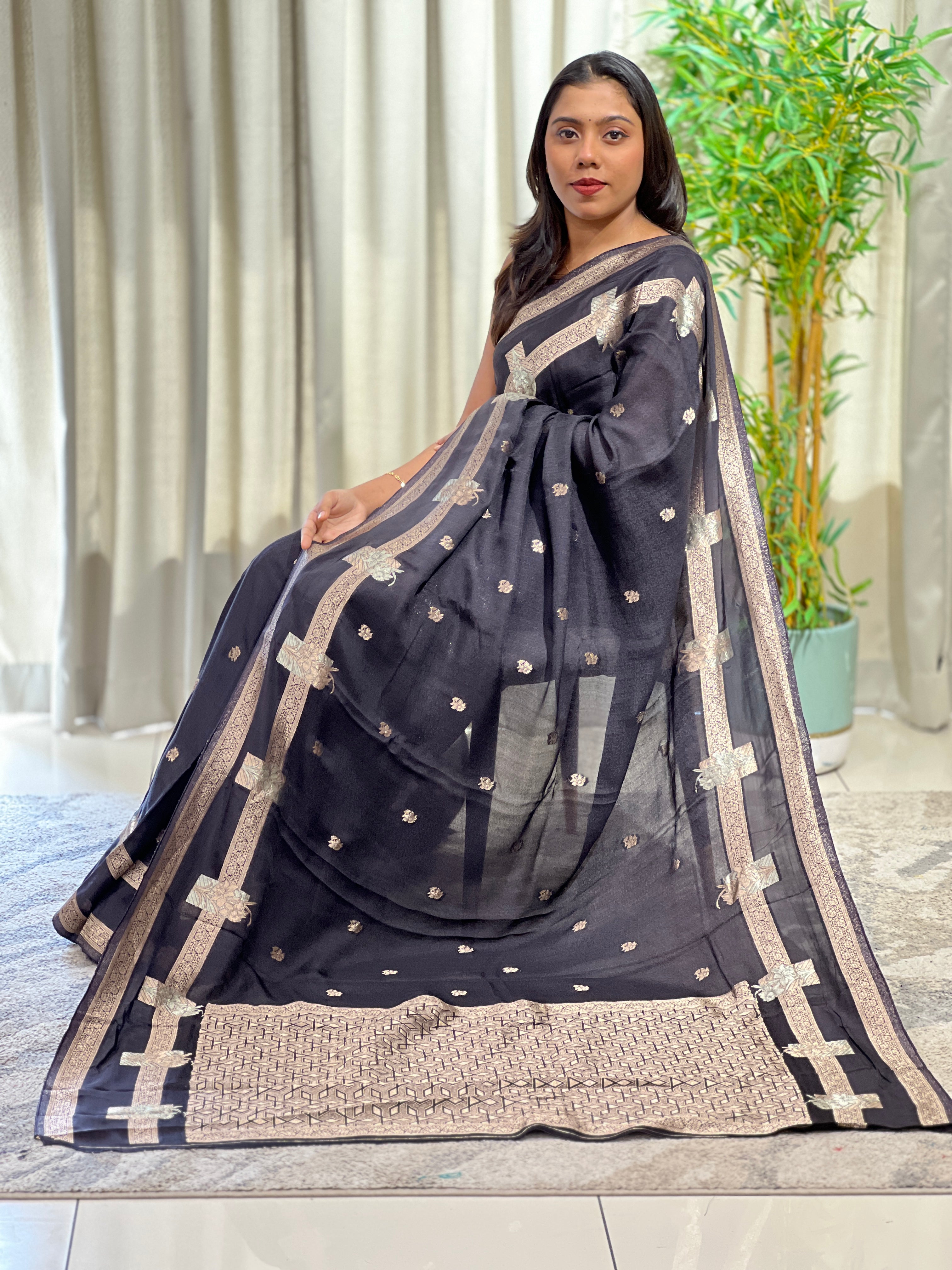 Embossed Woven Semi Crepe Saree | RS180