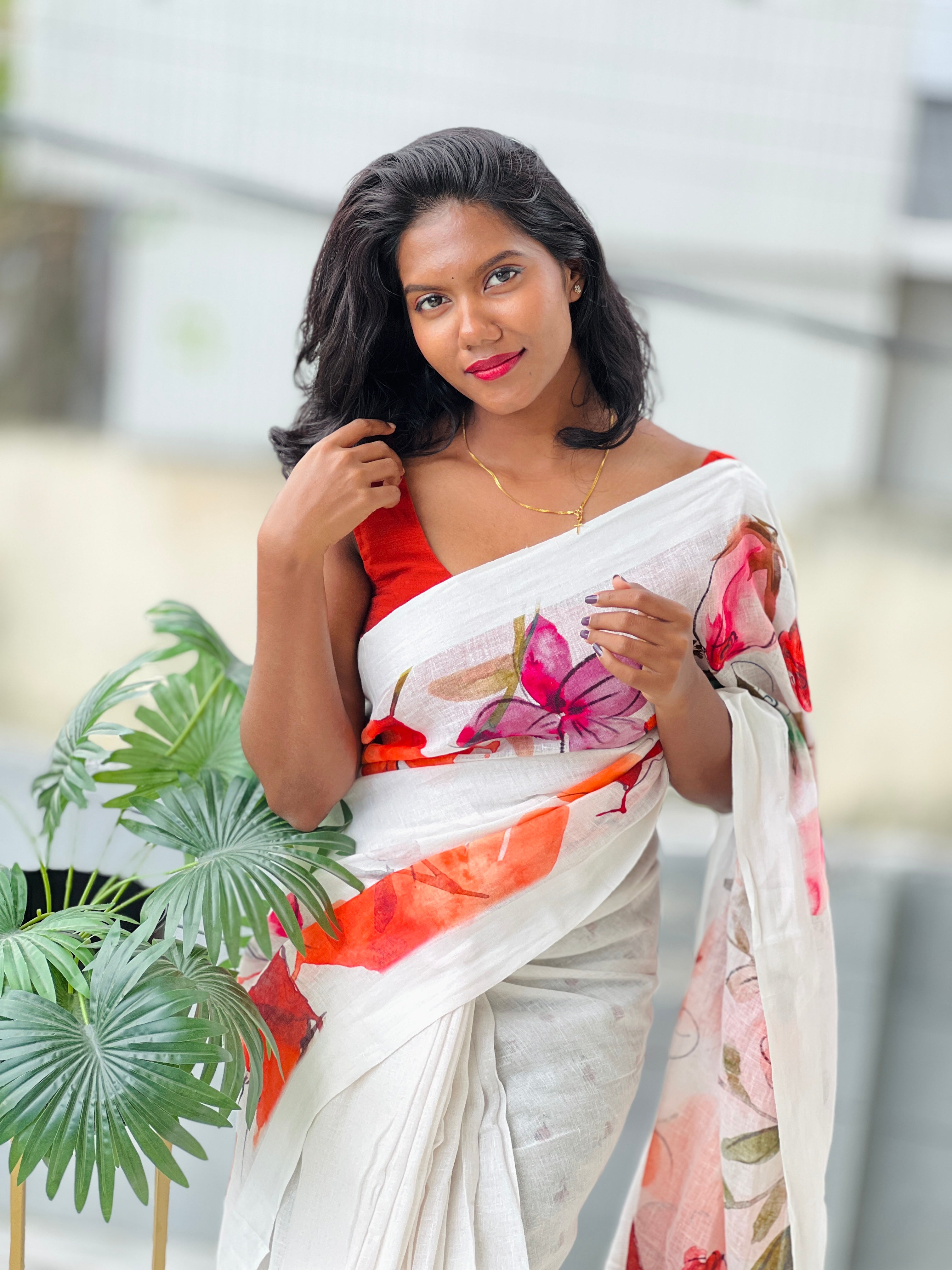 Floral Digital Print Detailed Linen Saree | MR393