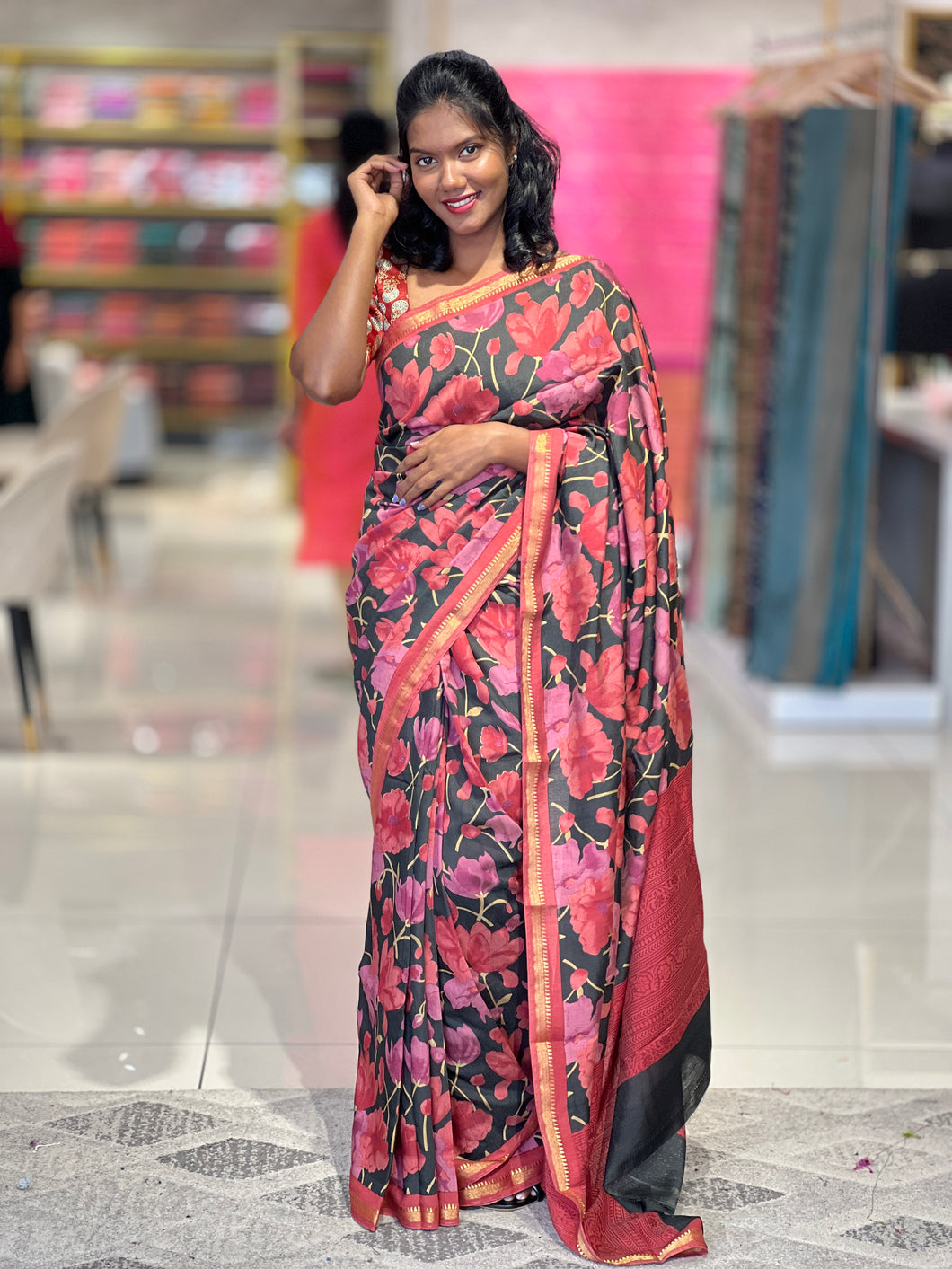 Floral Printed Pattern Linen Finish Saree | GMS296