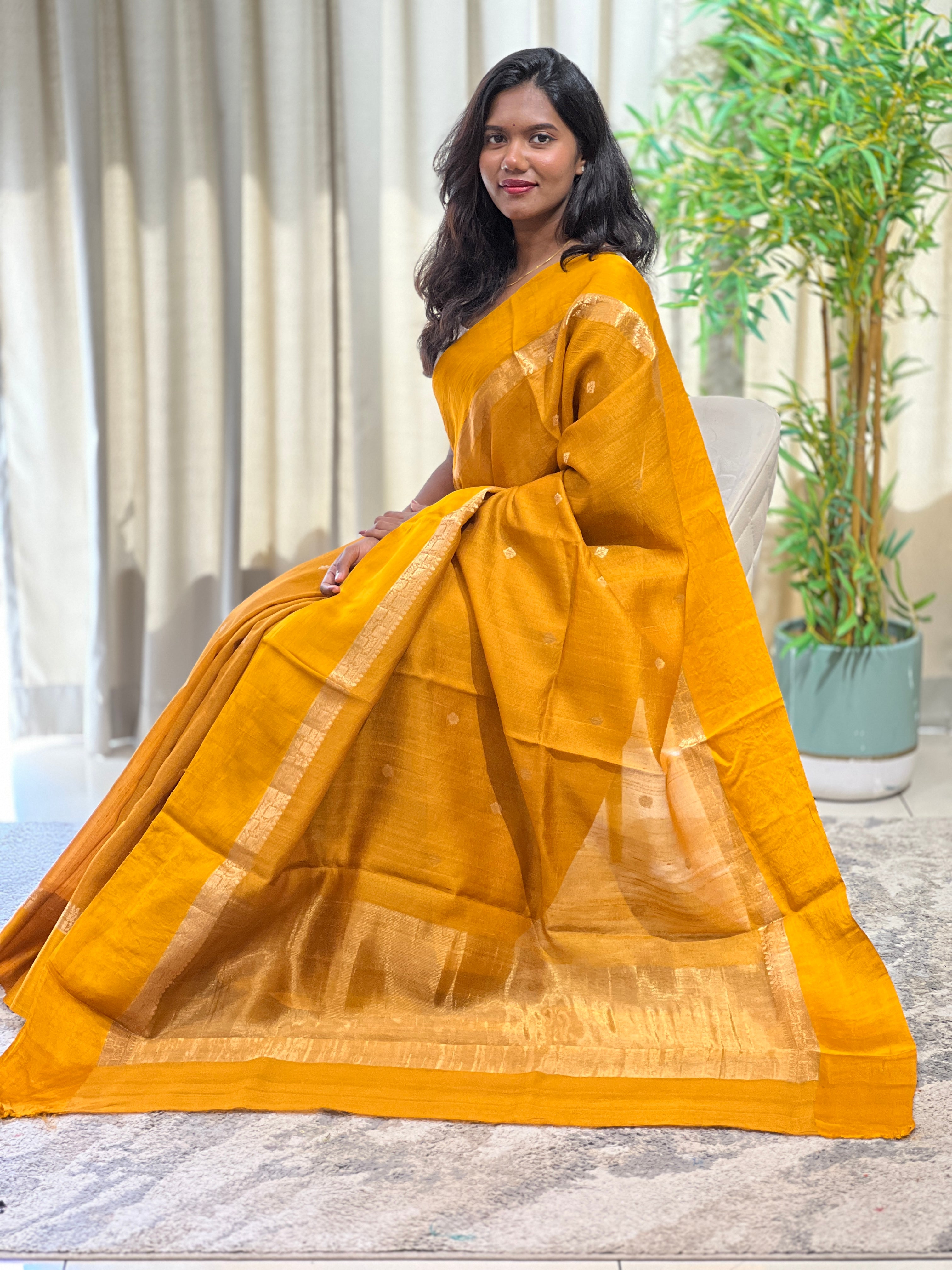 Buta Woven Satin Patta Bordered Tussar Saree | YNG1549