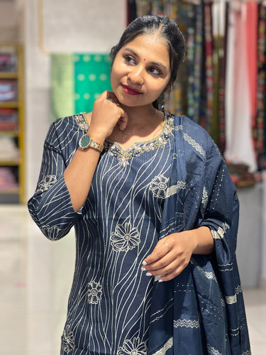 Digital Print With Hand Embroidery Detailed Rayon Kurta Set | PIR143