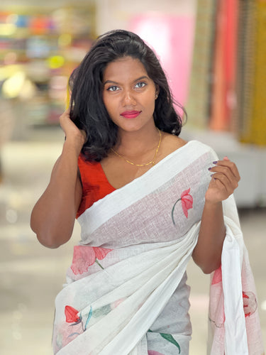 Floral Digital Print Detailed Linen Saree | MR399