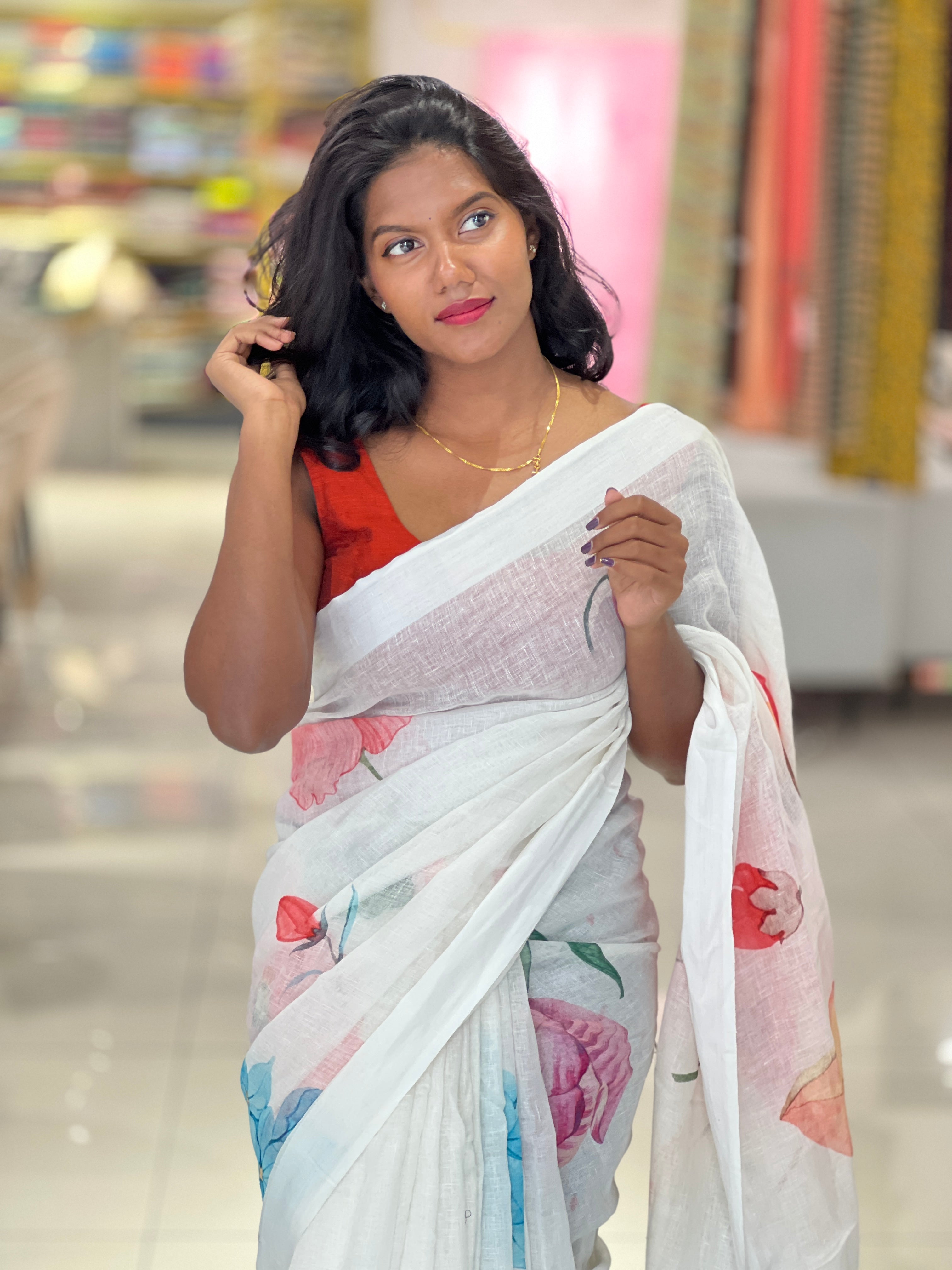 Floral Digital Print Detailed Linen Saree | MR399