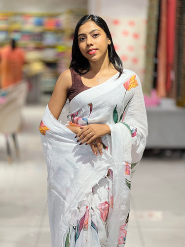 Floral Digital Print Detailed Linen Saree | MR397