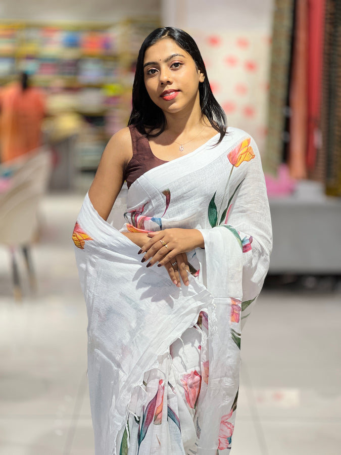 Floral Digital Print Detailed Linen Saree | MR397