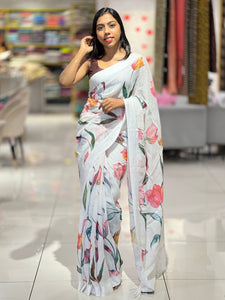 Floral Digital Print Detailed Linen Saree | MR397