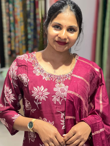 Digital Print With Hand Embroidery Detailed Rayon Kurta Set | PIR144