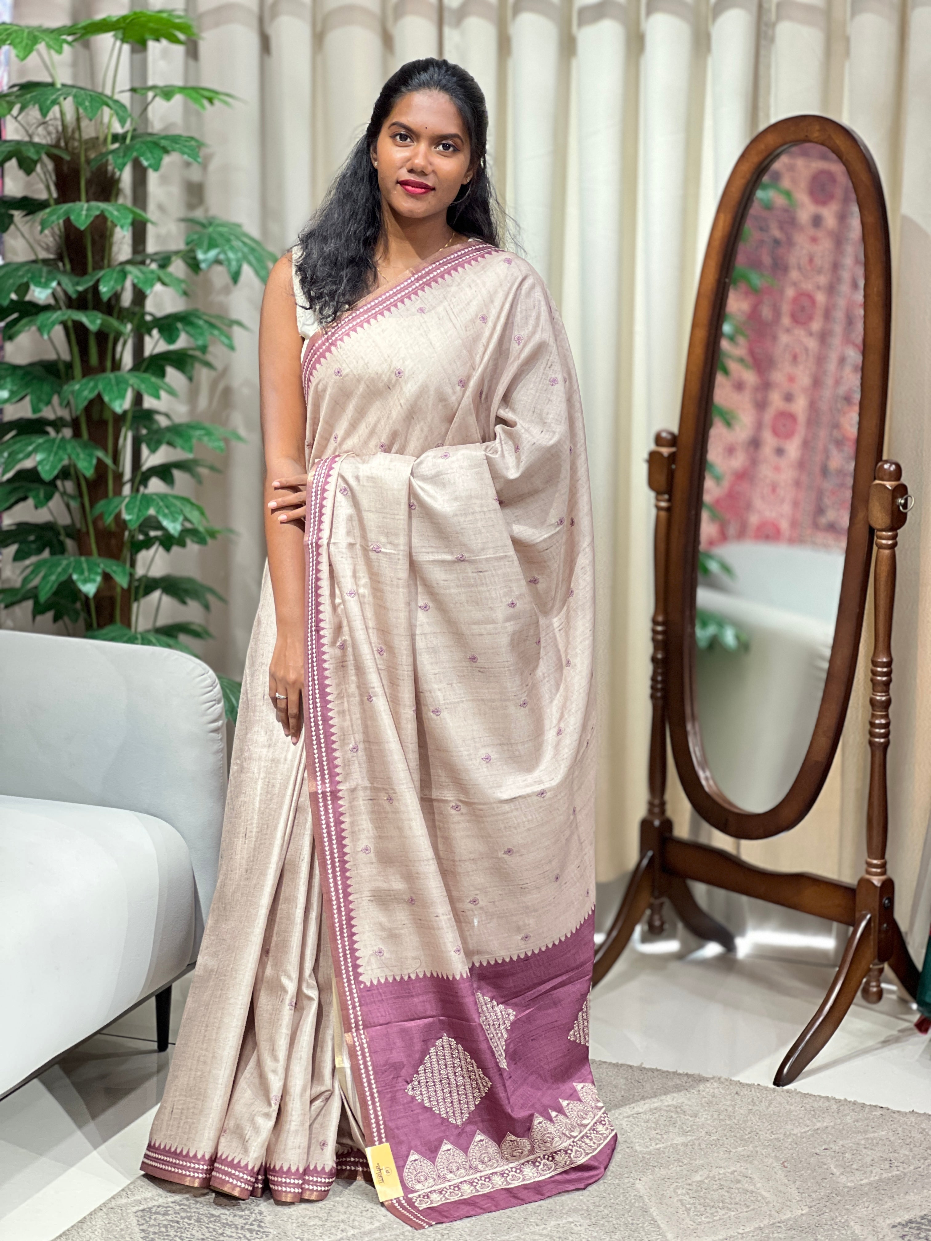 Thread Embroidery Detailed Semi Tussar Saree | PKS189