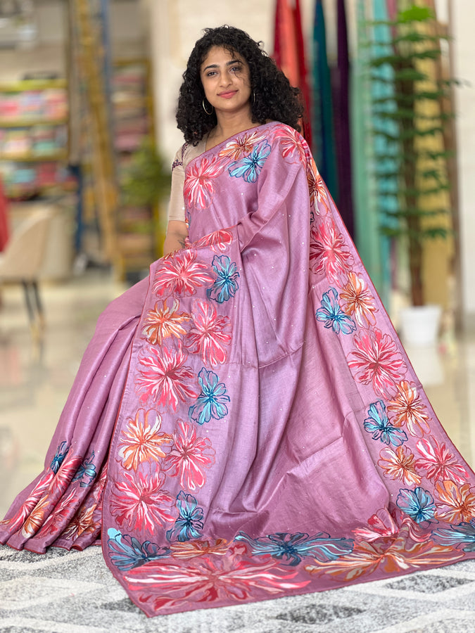 Floral Embroidery Bordered Desi Tussar Saree | RGD250