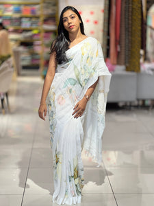 Floral Digital Print Detailed Linen Saree | MR403