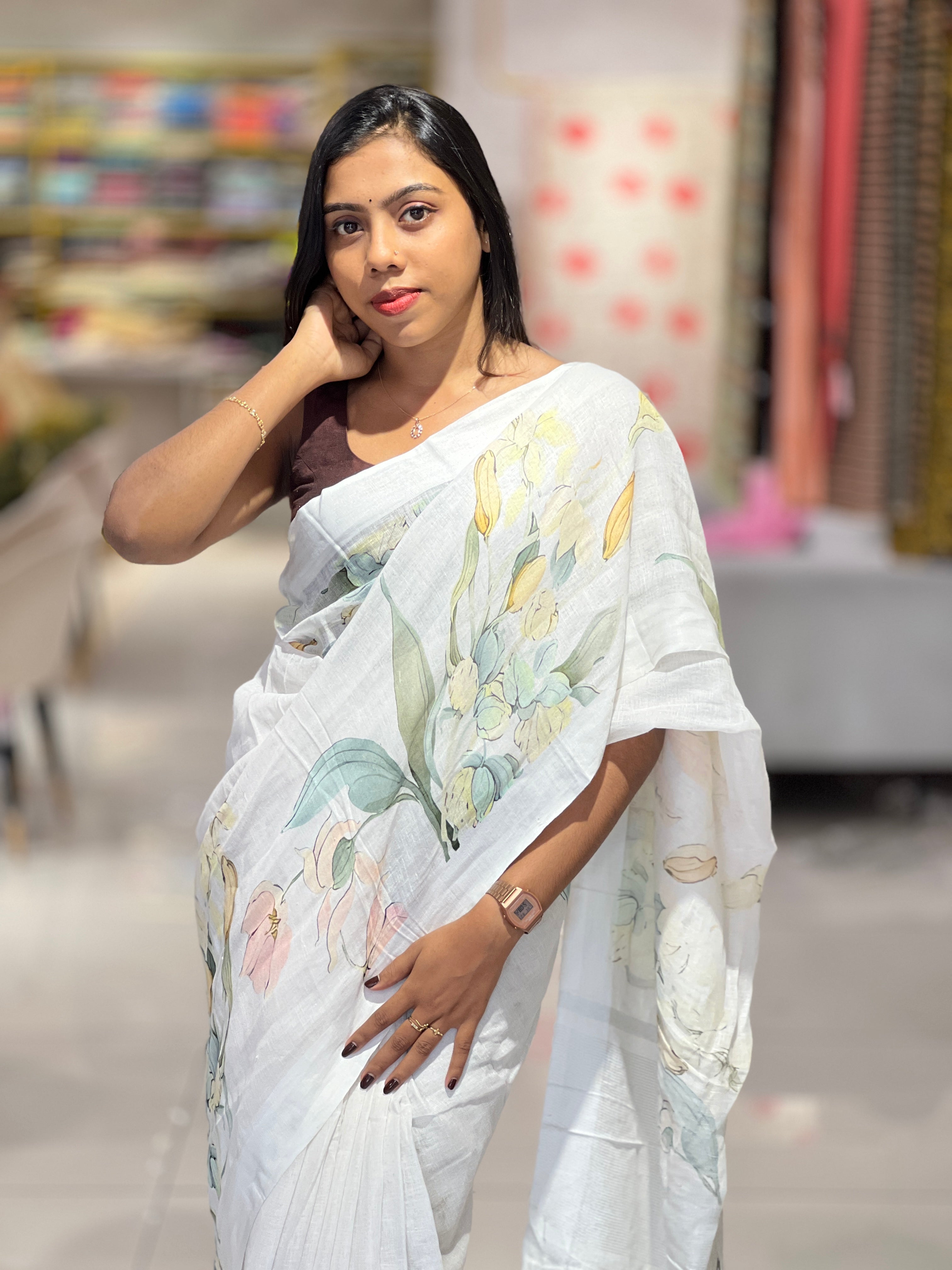 Floral Digital Print Detailed Linen Saree | MR403