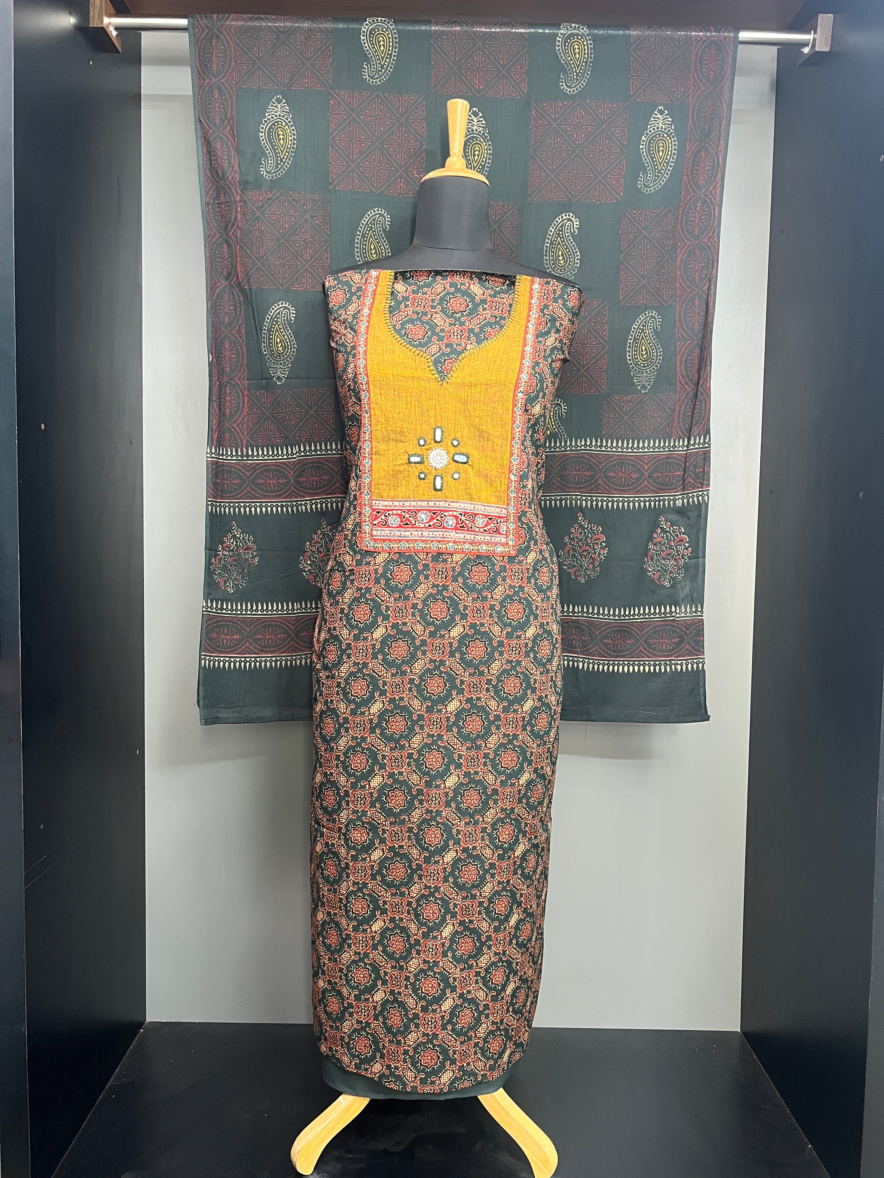 Ajrakh Printed  Semi Stitched Cotton Salwar Set | SW2372