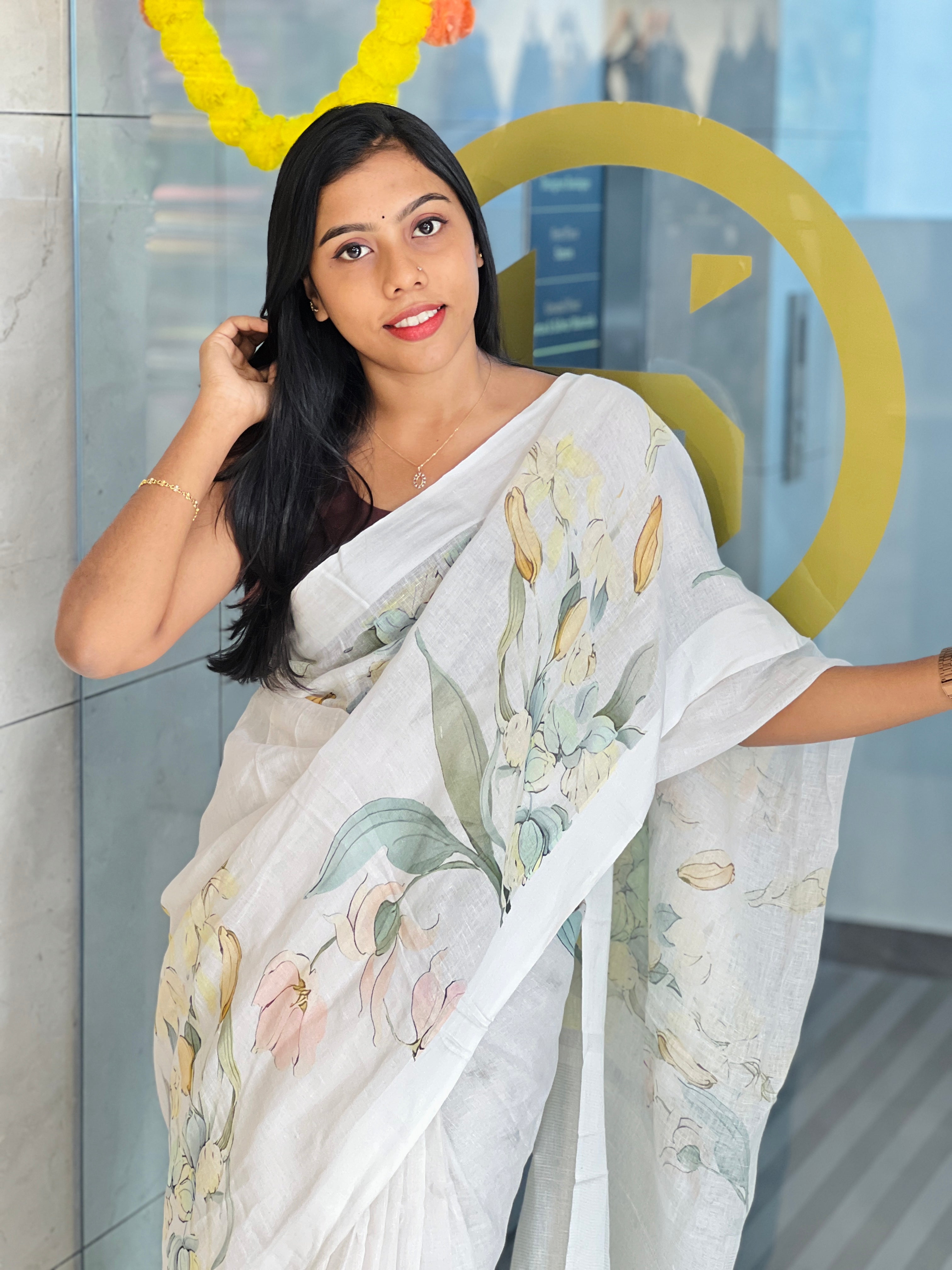 Floral Digital Print Detailed Linen Saree | MR403