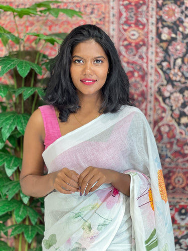 Floral Digital Print Detailed Linen Saree | MR402
