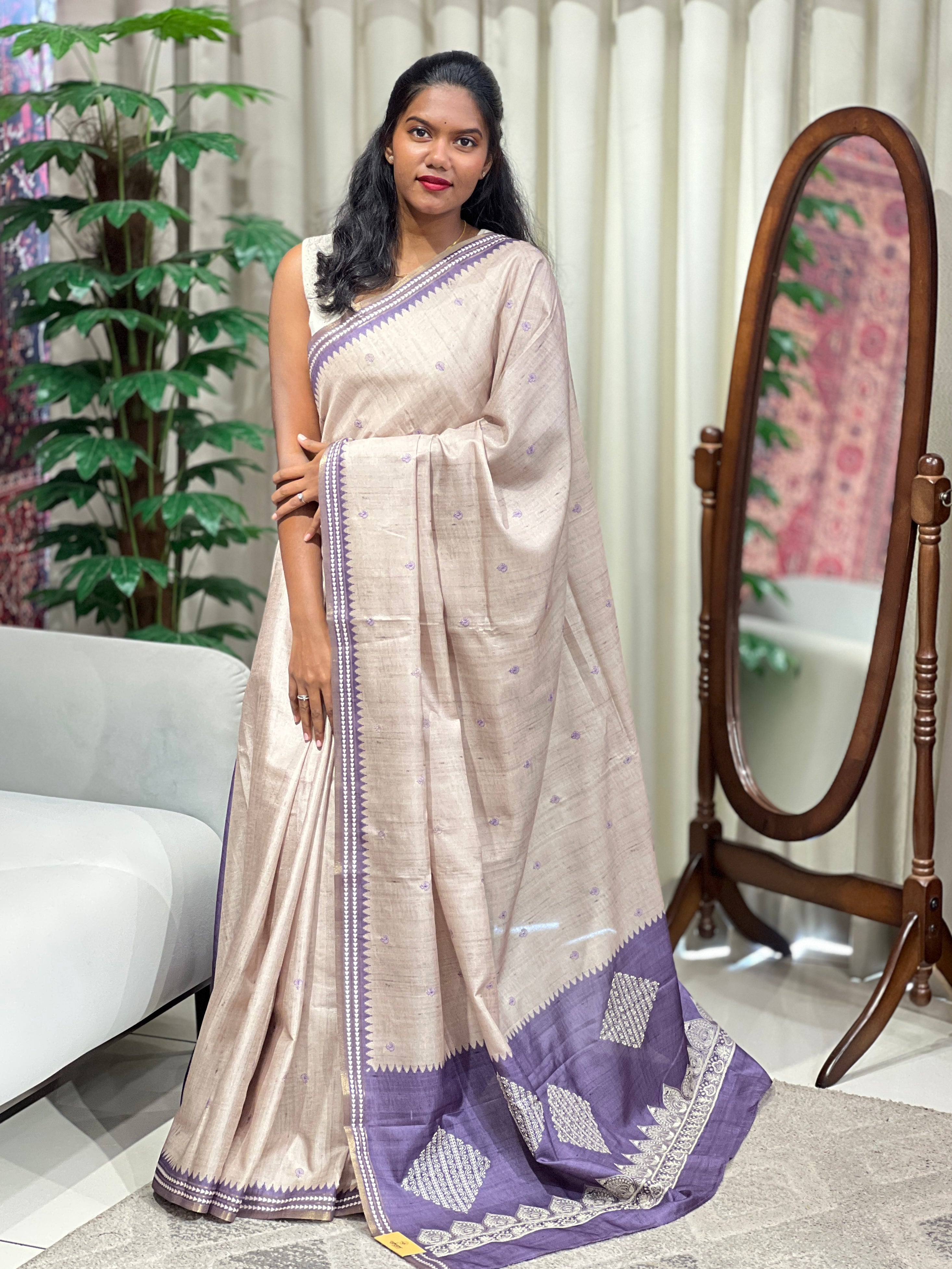 Thread Embroidery Detailed Semi Tussar Saree | PKS187