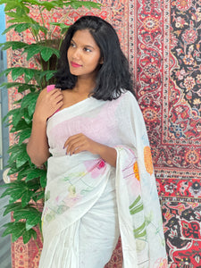 Floral Digital Print Detailed Linen Saree | MR402