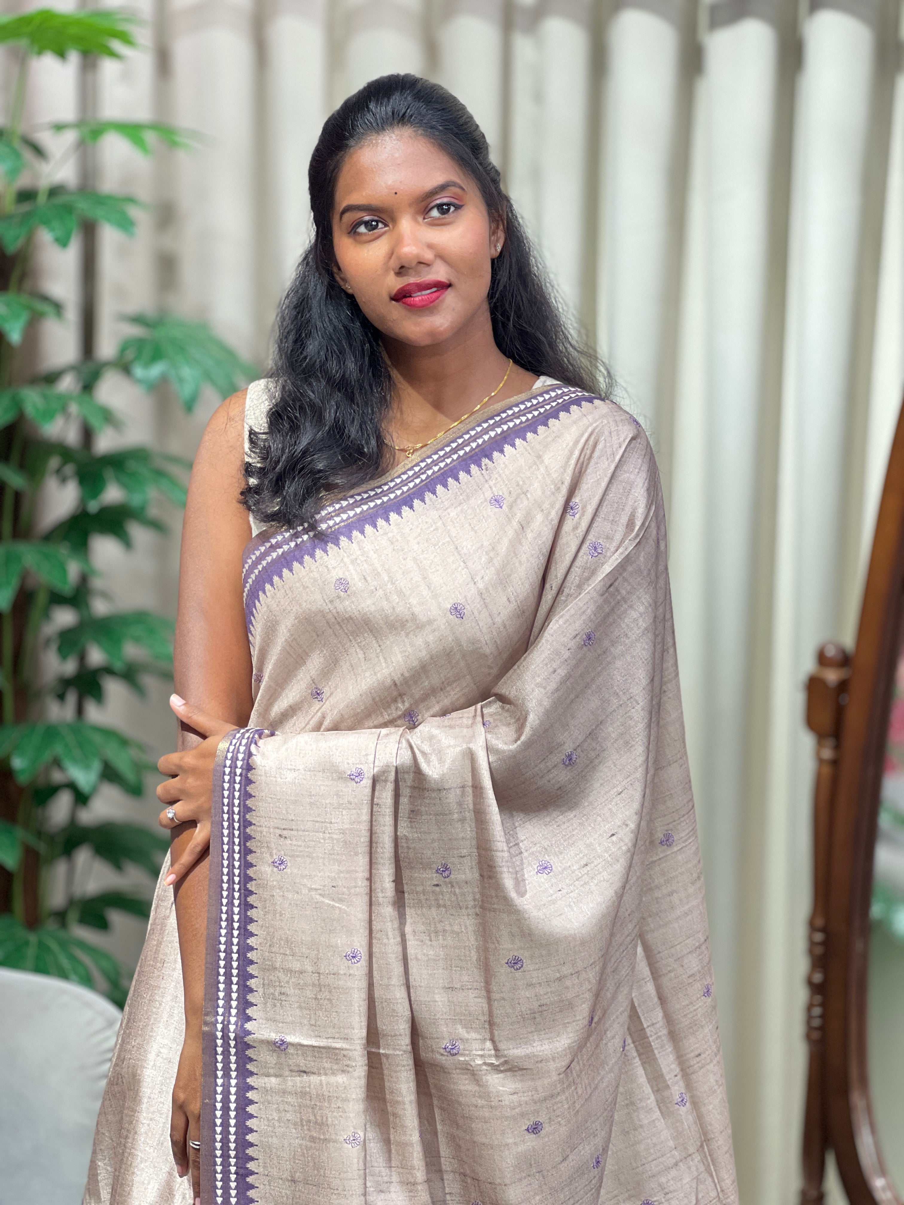 Thread Embroidery Detailed Semi Tussar Saree | PKS187