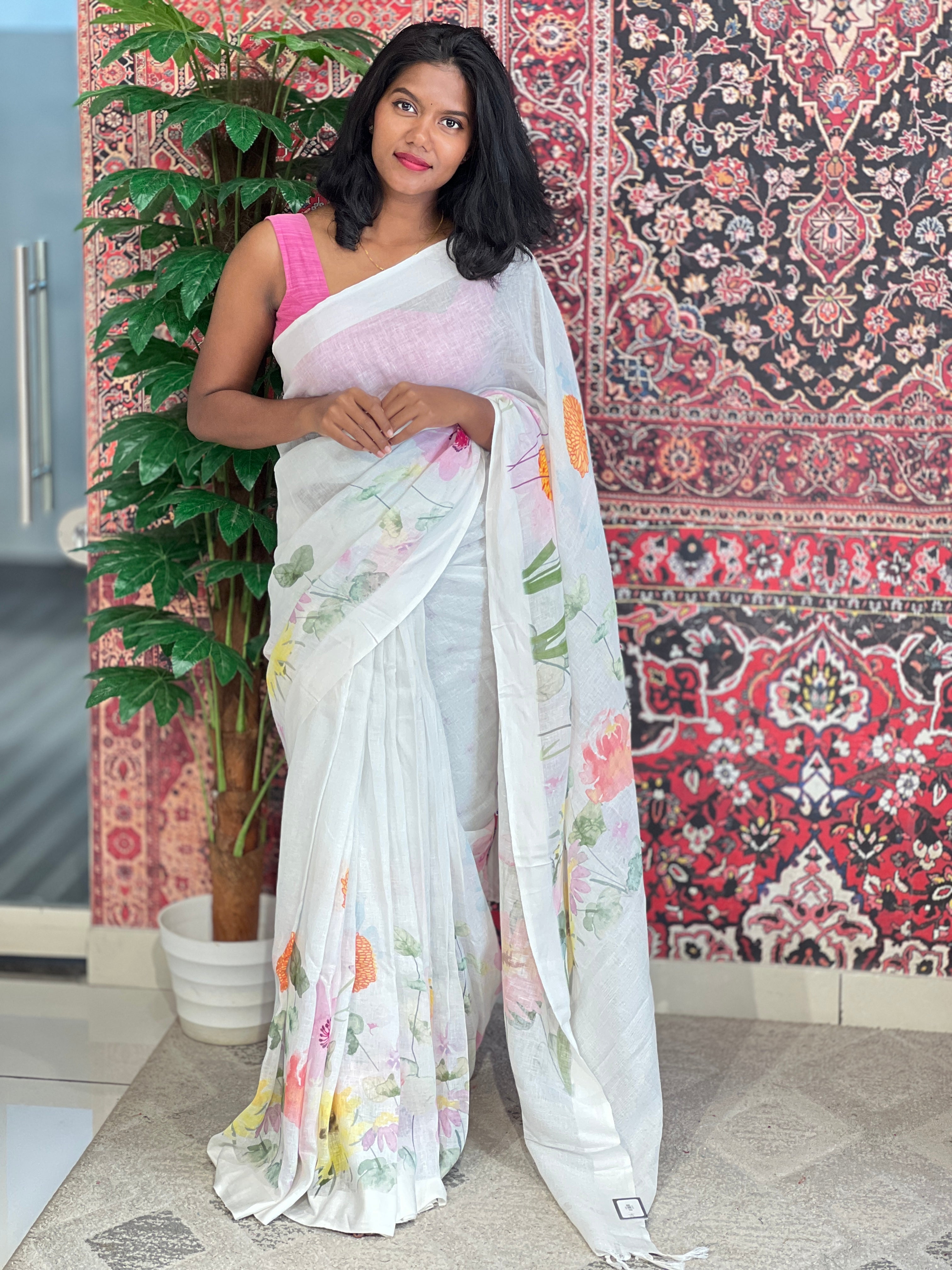 Floral Digital Print Detailed Linen Saree | MR402