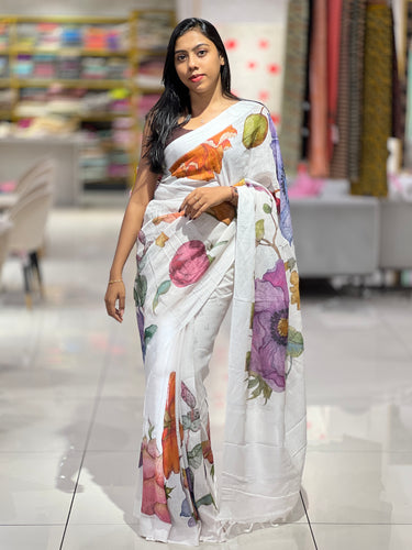 Floral Digital Print Detailed Linen Saree | MR398