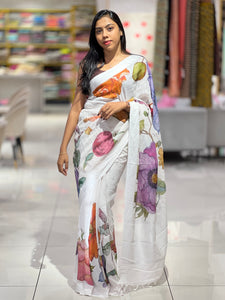 Floral Digital Print Detailed Linen Saree | MR398
