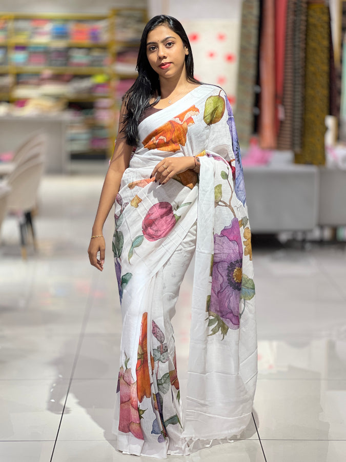 Floral Digital Print Detailed Linen Saree | MR398
