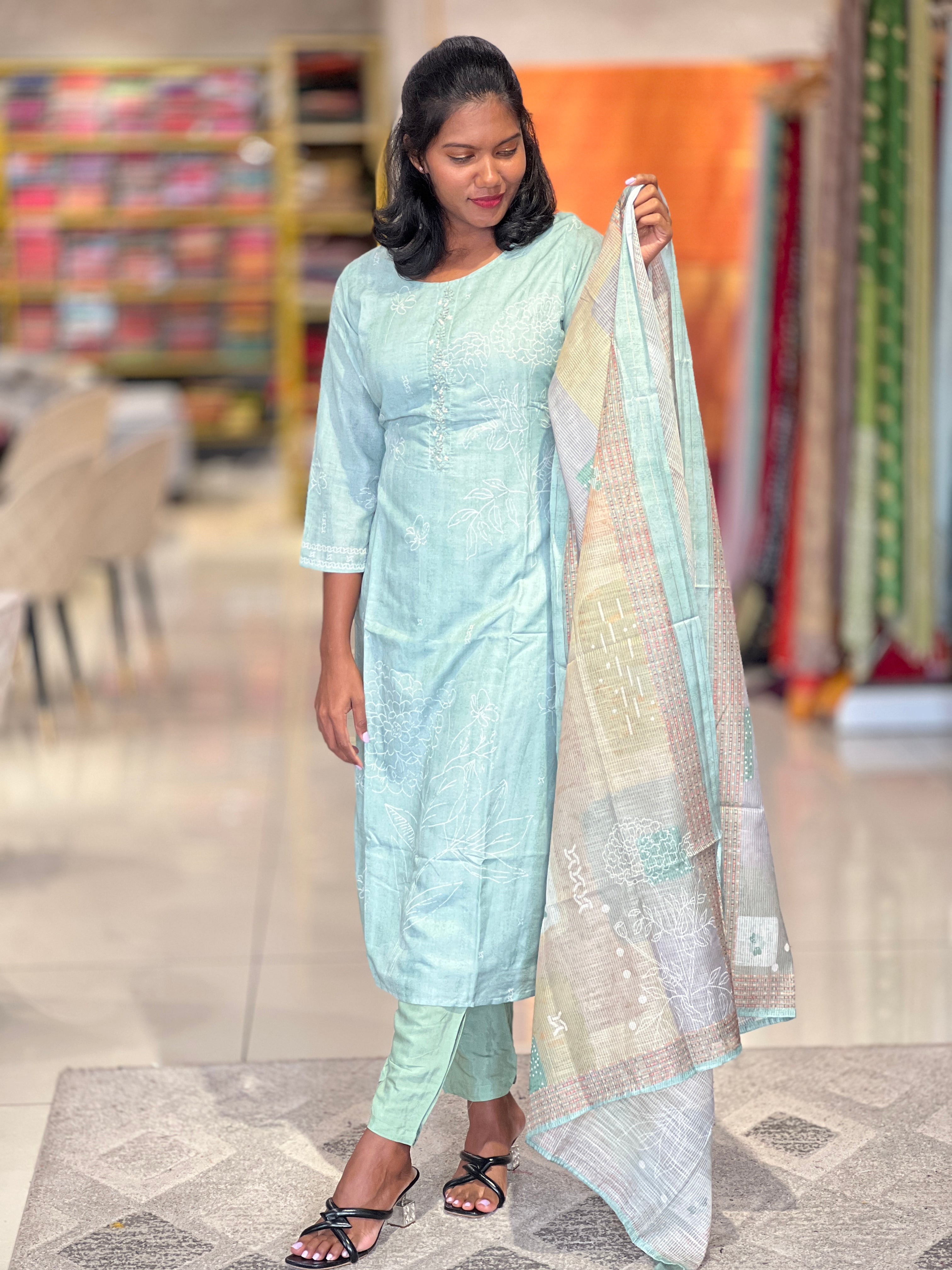 Print With Embroidery Detailed Cotton Blended Kurta Set | VFD115