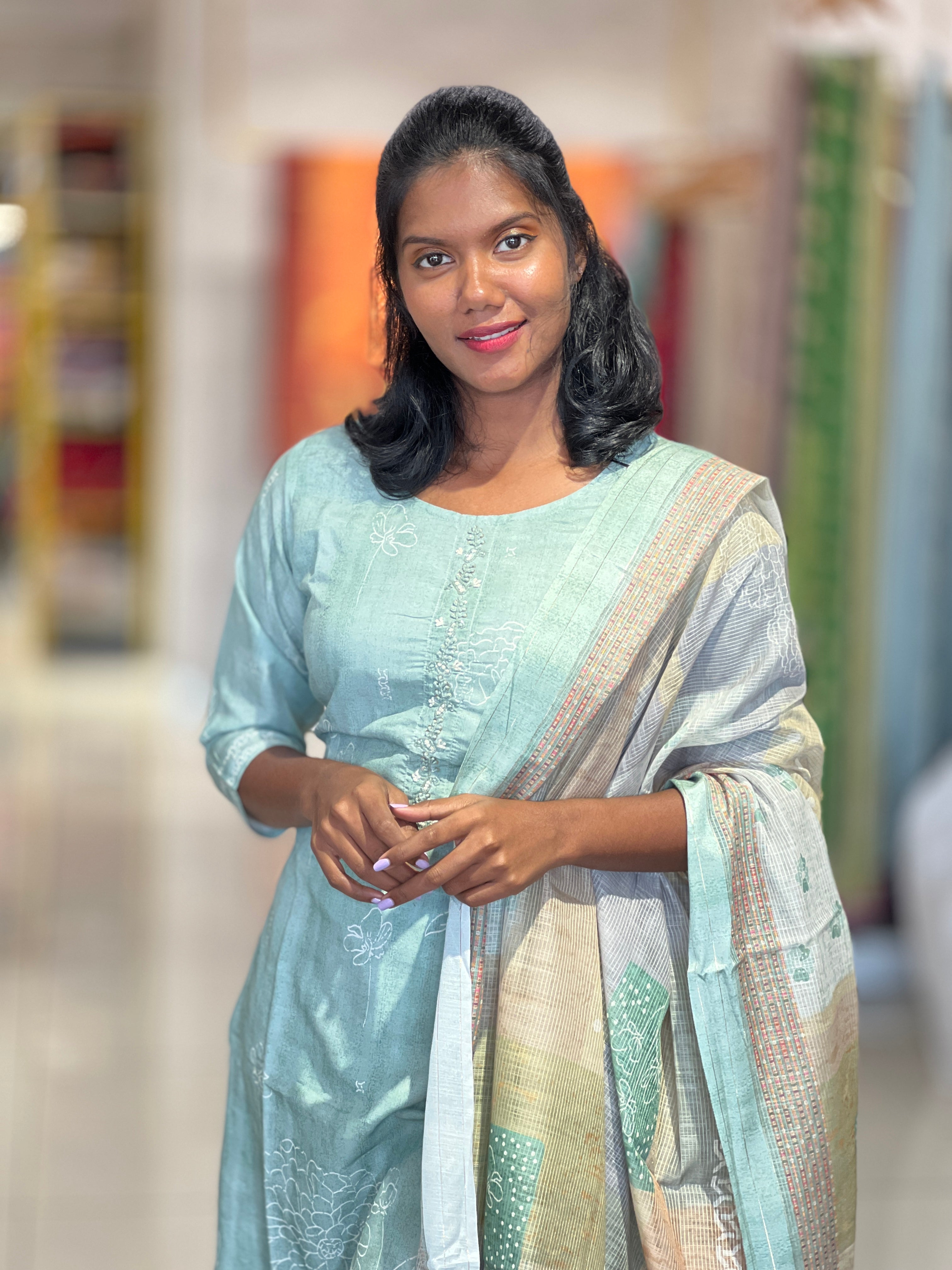 Print With Embroidery Detailed Cotton Blended Kurta Set | VFD115