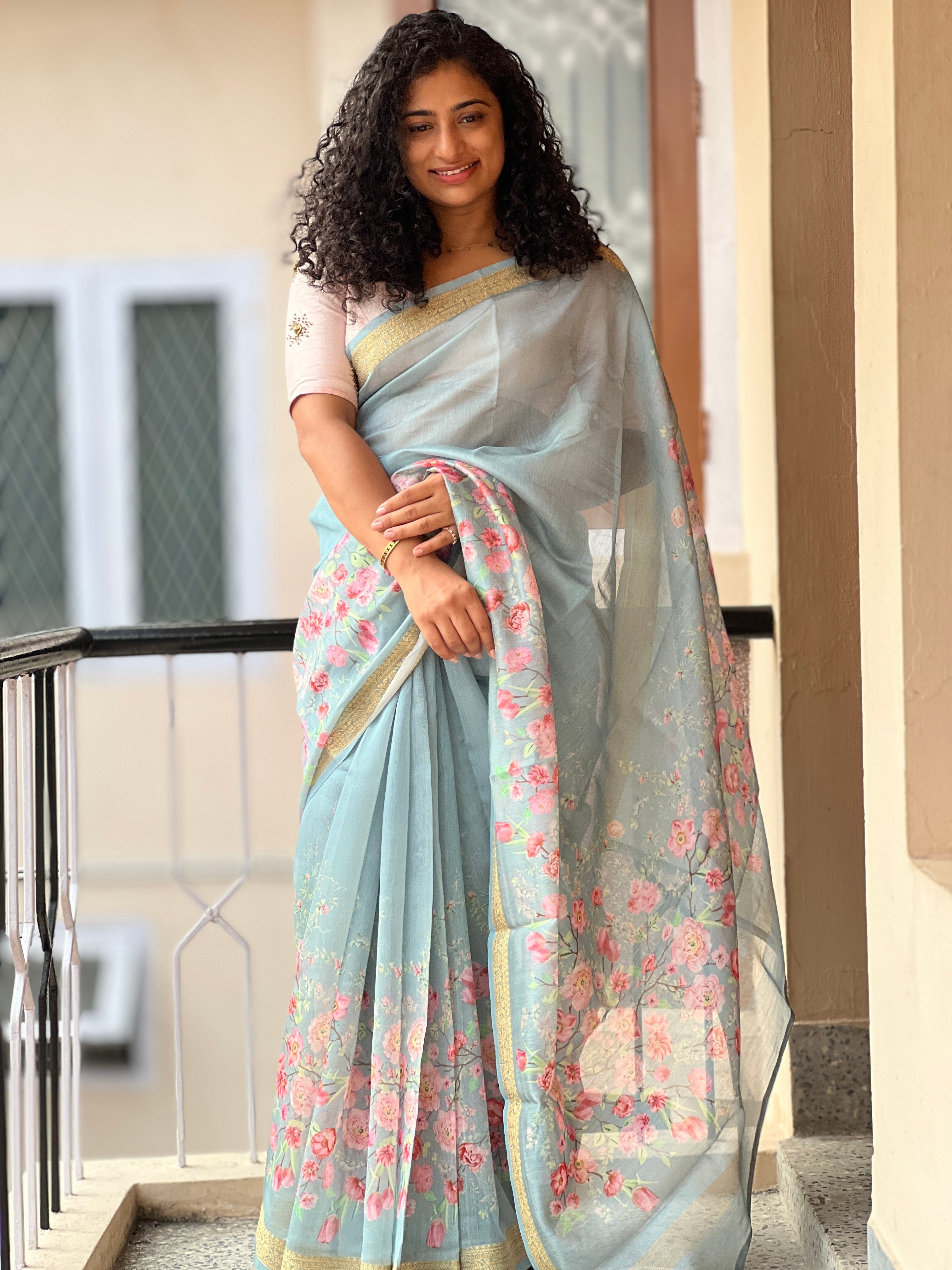 Floral Printed Spun Chanderi Saree | RGD164