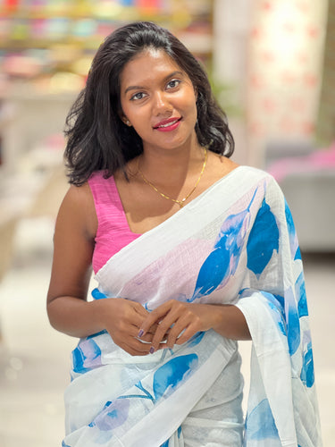 Floral Digital Print Detailed Linen Saree | MR400