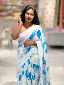 Floral Digital Print Detailed Linen Saree | MR400