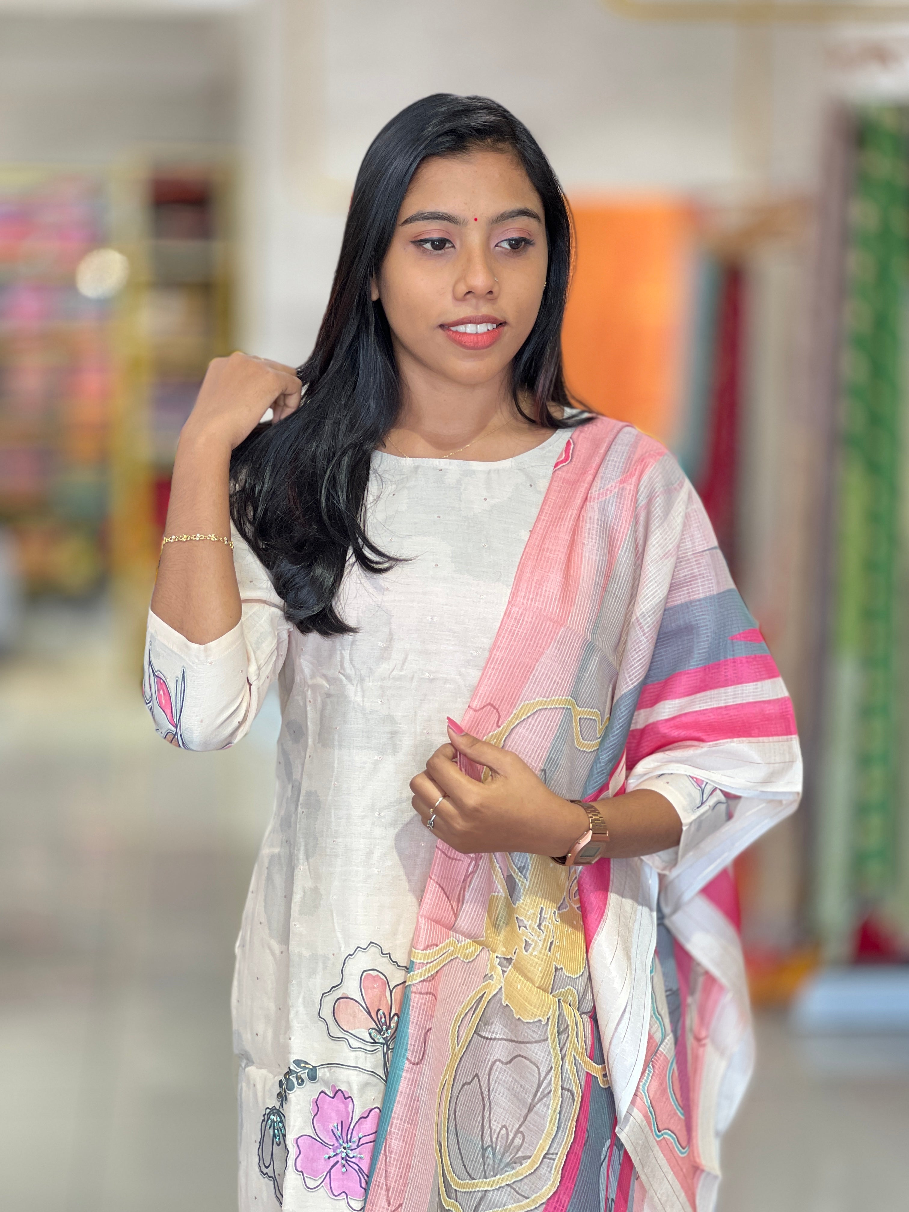 Floral Printed Chanderi Kurta Set | VFD117