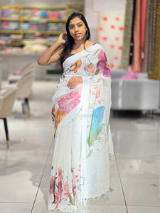 Floral Digital Print Detailed Linen Saree | MR394