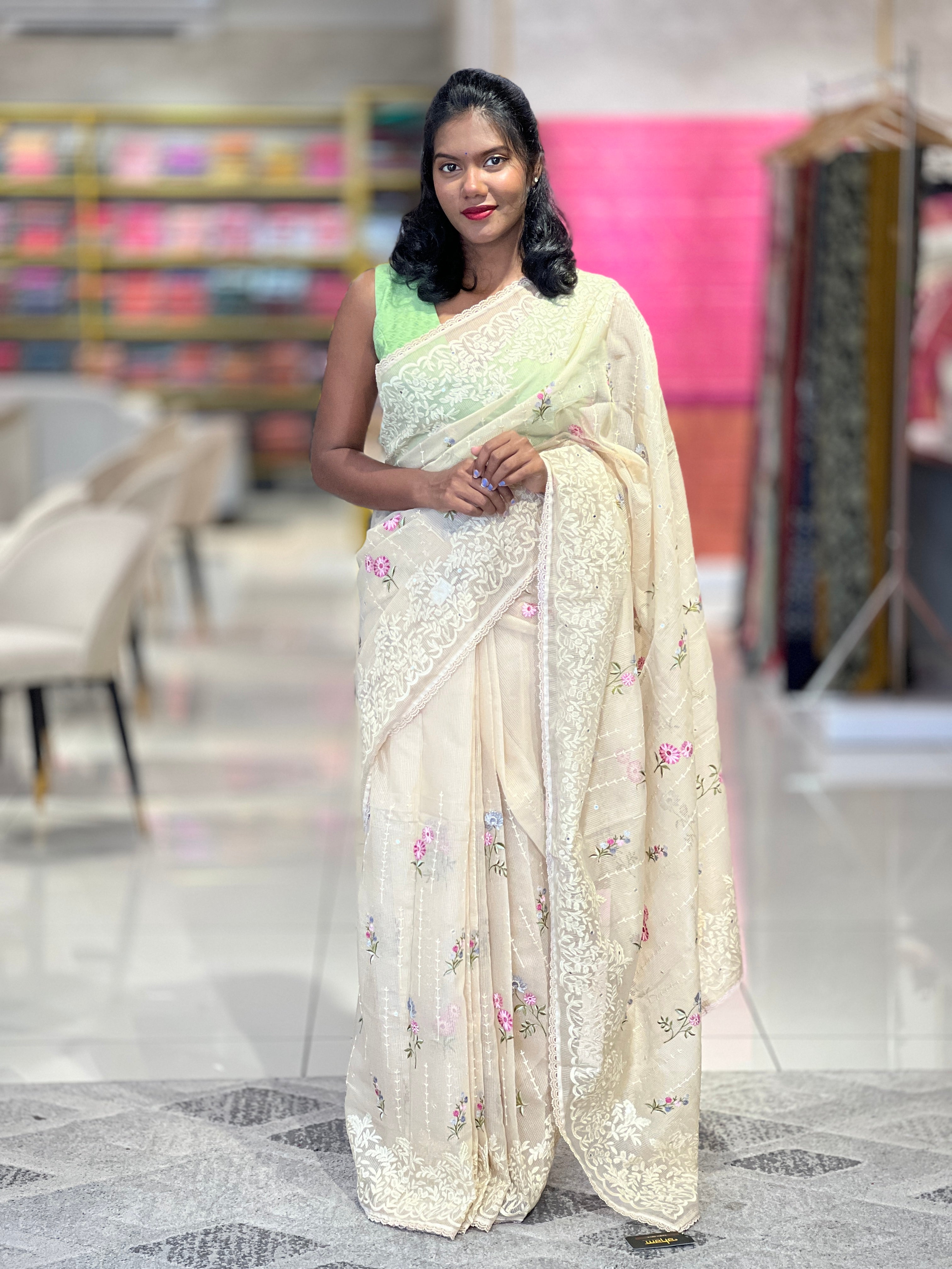 Floral Embroidery Manipuri Check Organza Saree | GMS282