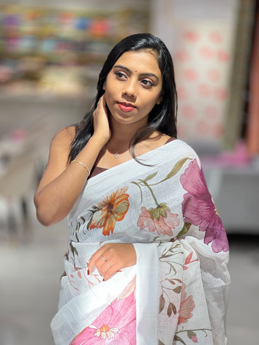 Floral Digital Print Detailed Linen Saree | MR394