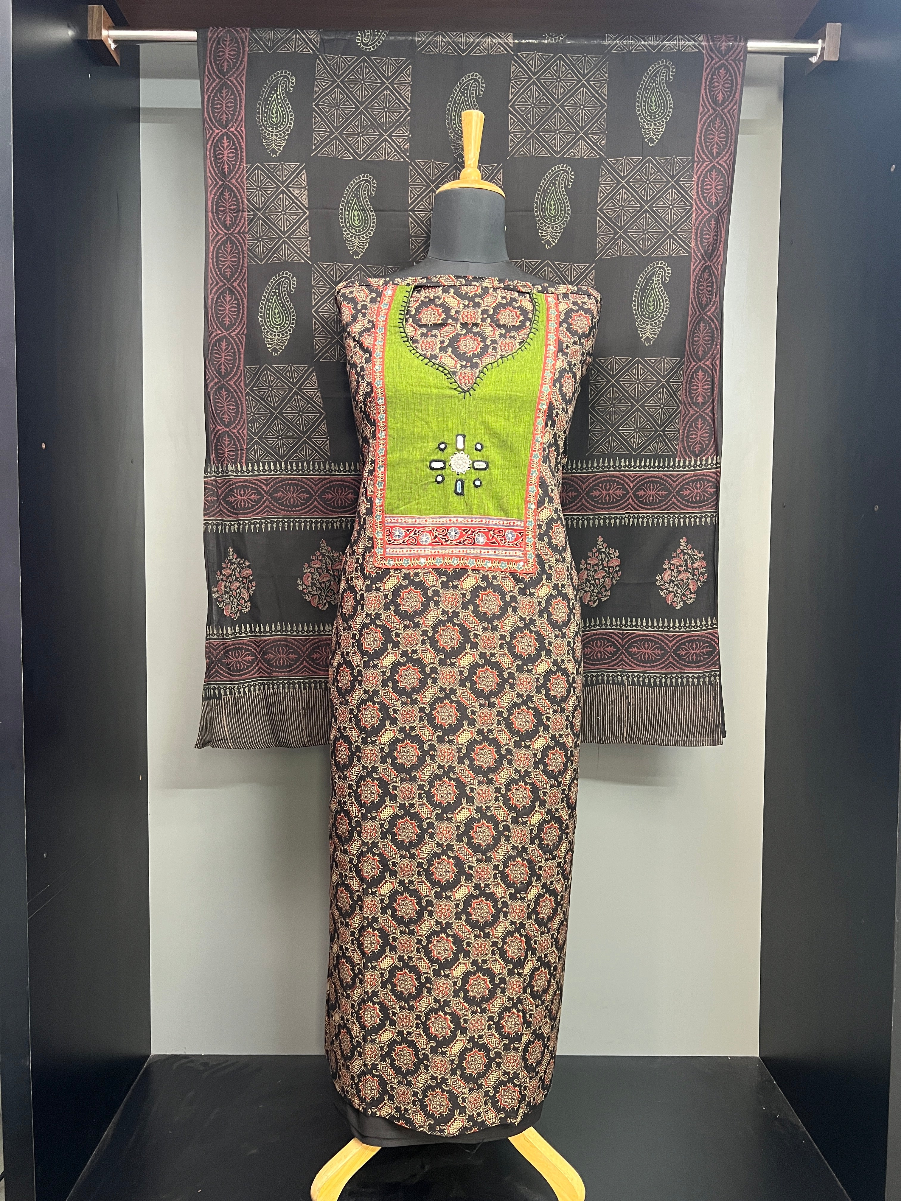 Ajrakh Printed Semi Stitched Cotton Salwar Set | SW2370