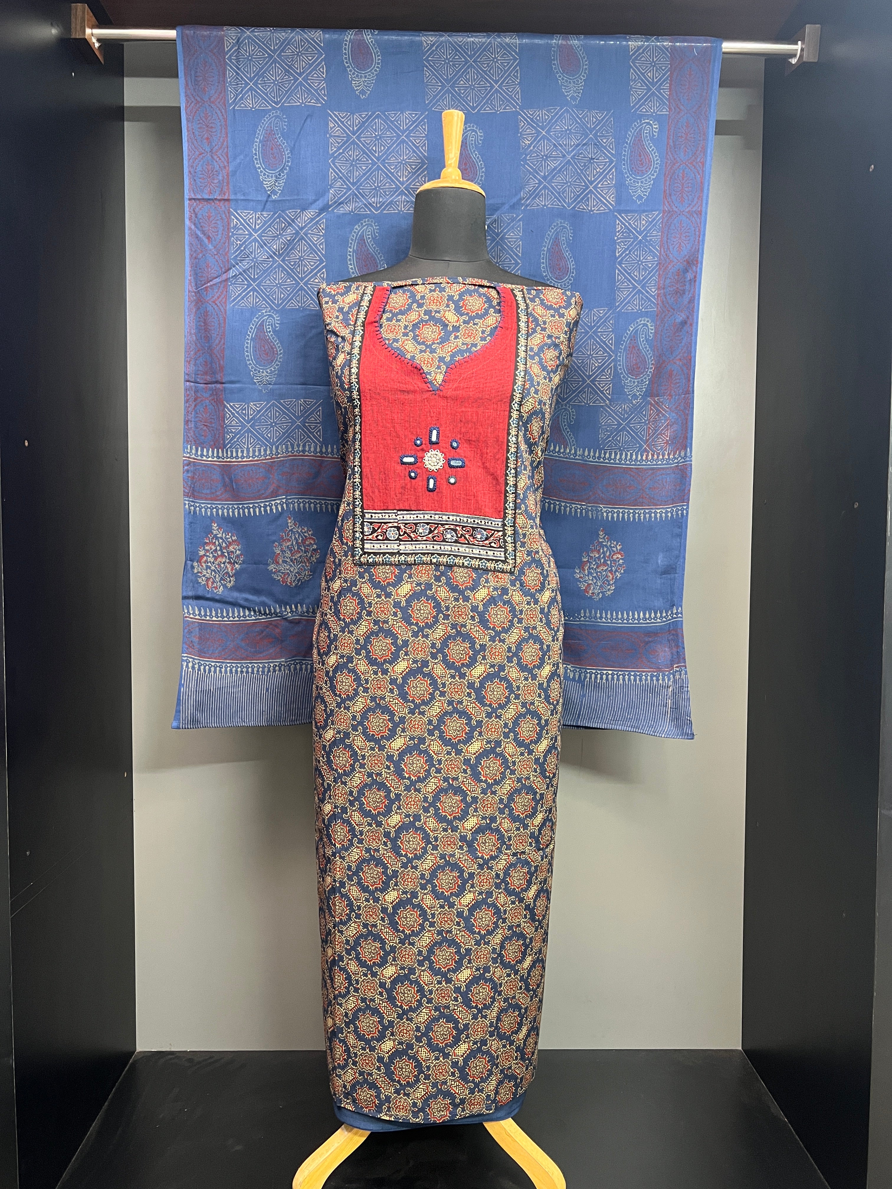 Ajrakh Printed Semi Stitched Cotton Salwar Set | SW2369