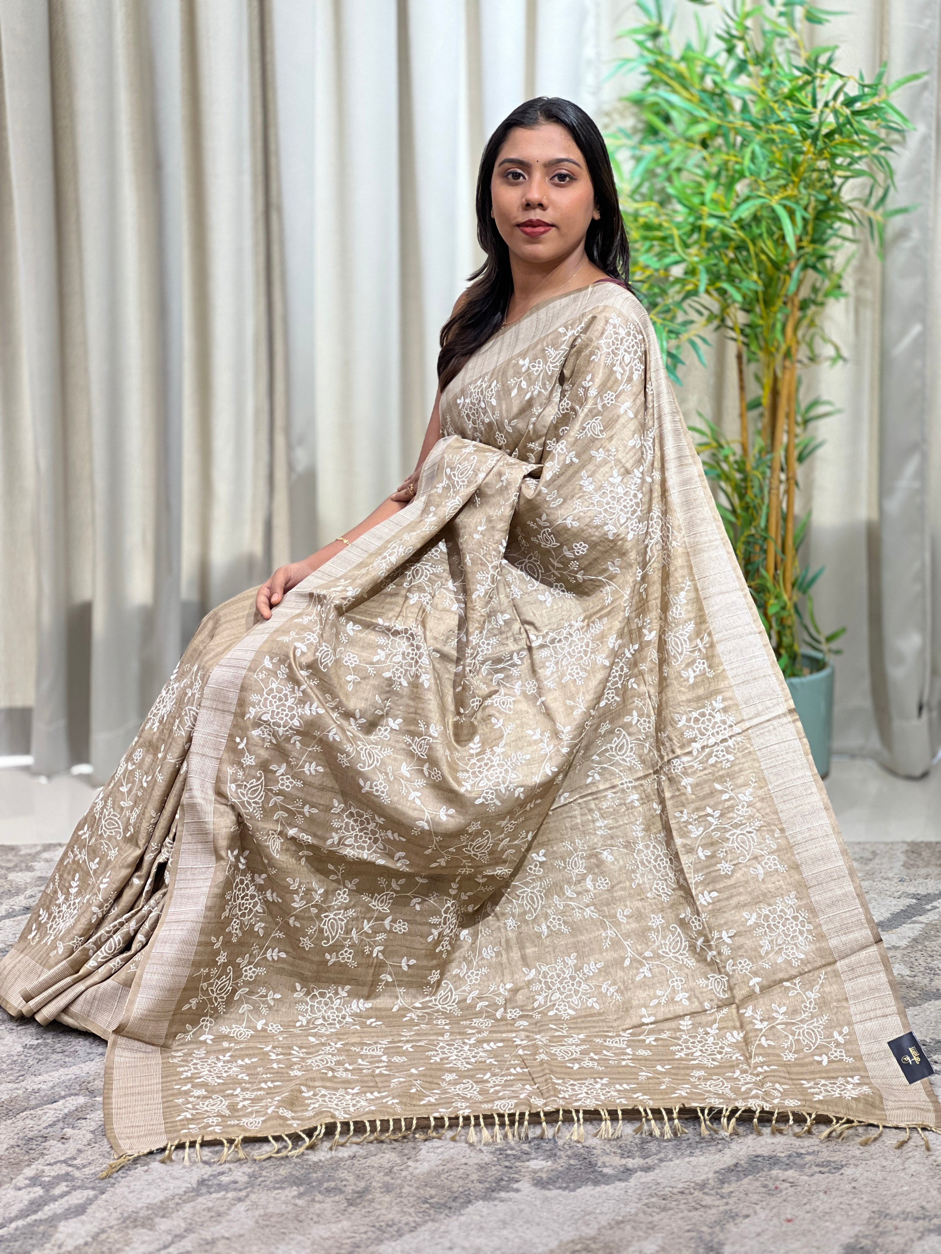 Floral Machine Embroidery Semi Tussar Saree | SUN818