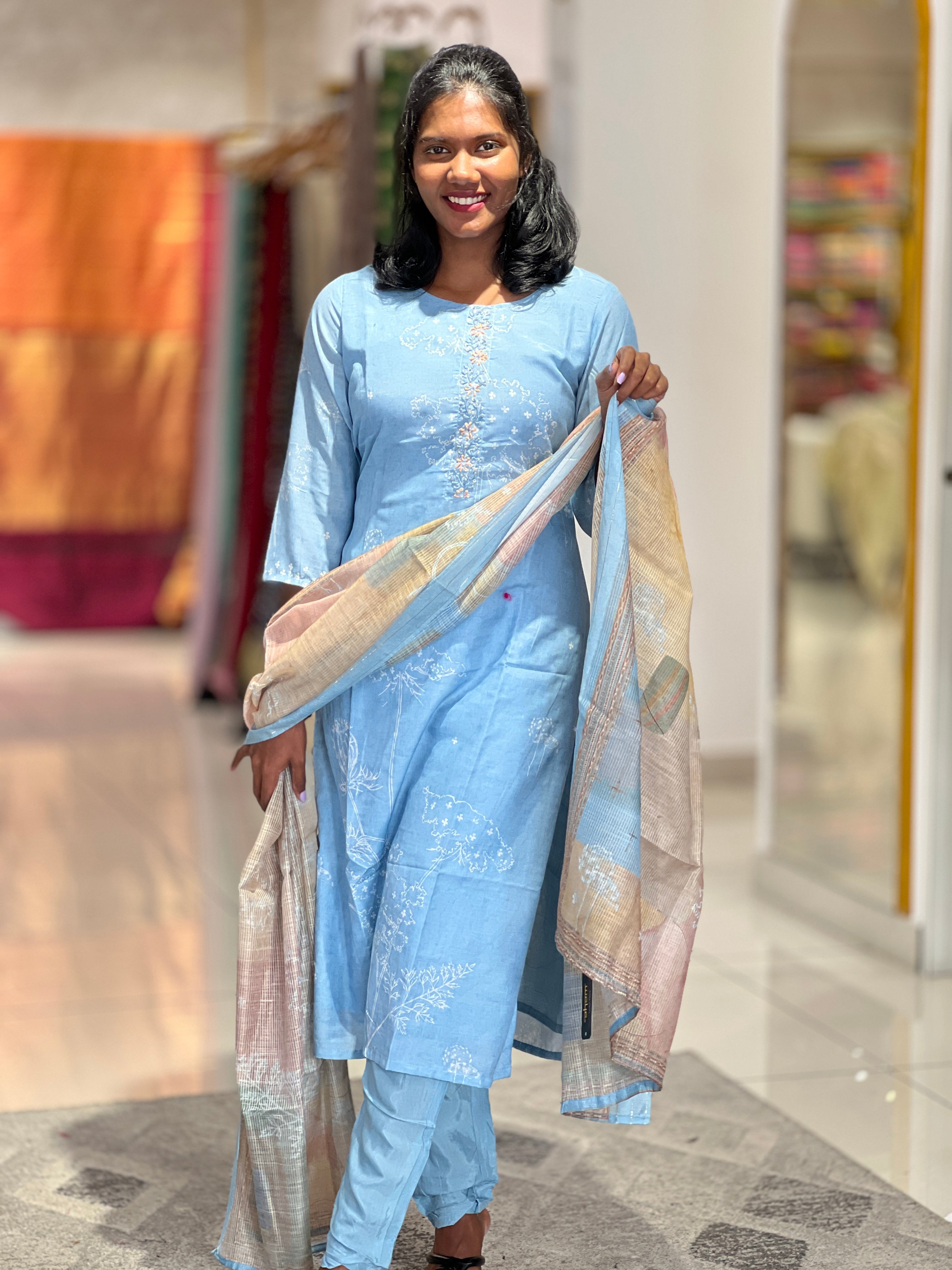 Print With Embroidery Detailed Cotton Blended Kurta Set | VFD110