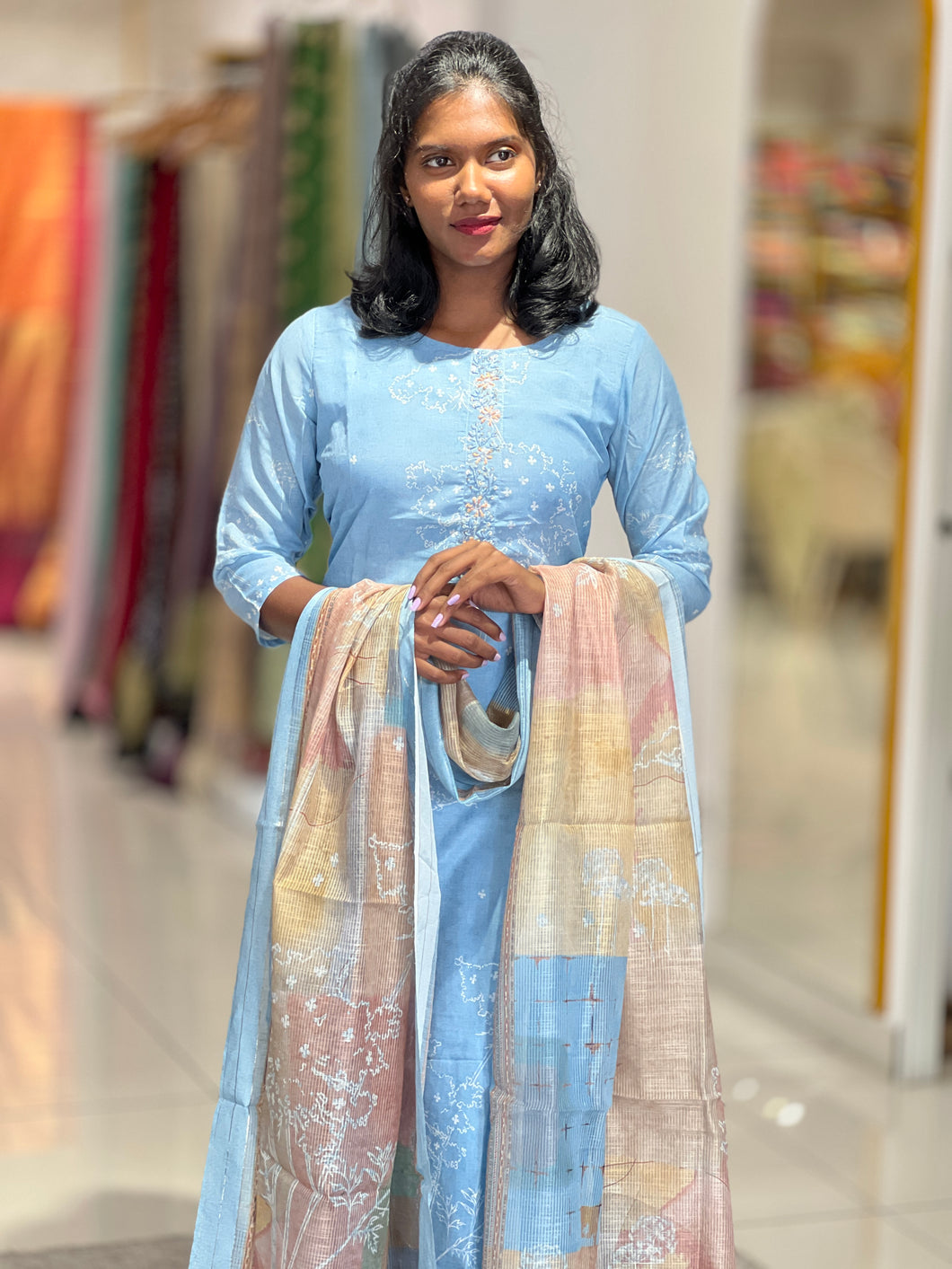 Print With Embroidery Detailed Cotton Blended Kurta Set | VFD110