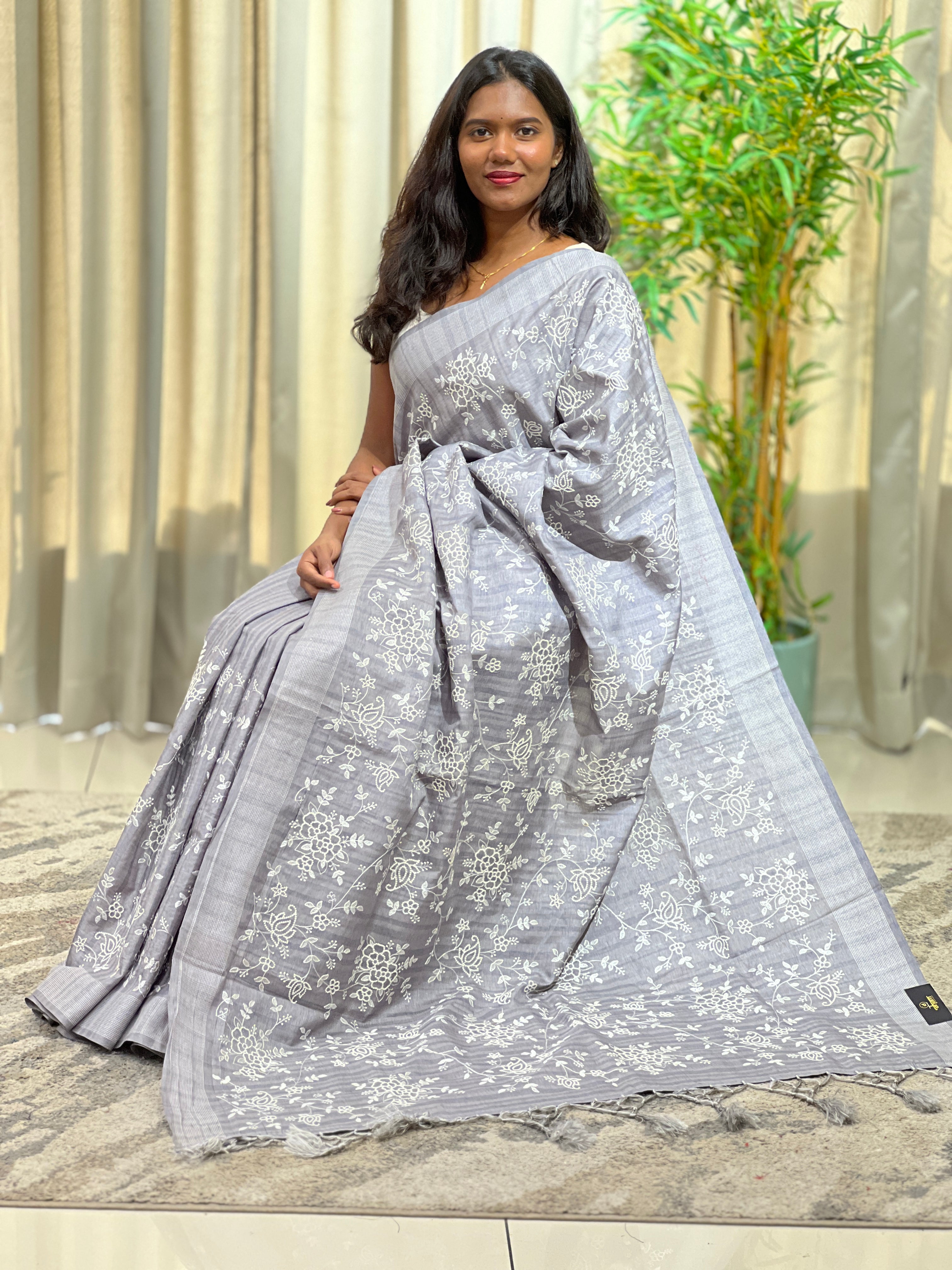 Point Embroidered Tussar Saree | SUN816