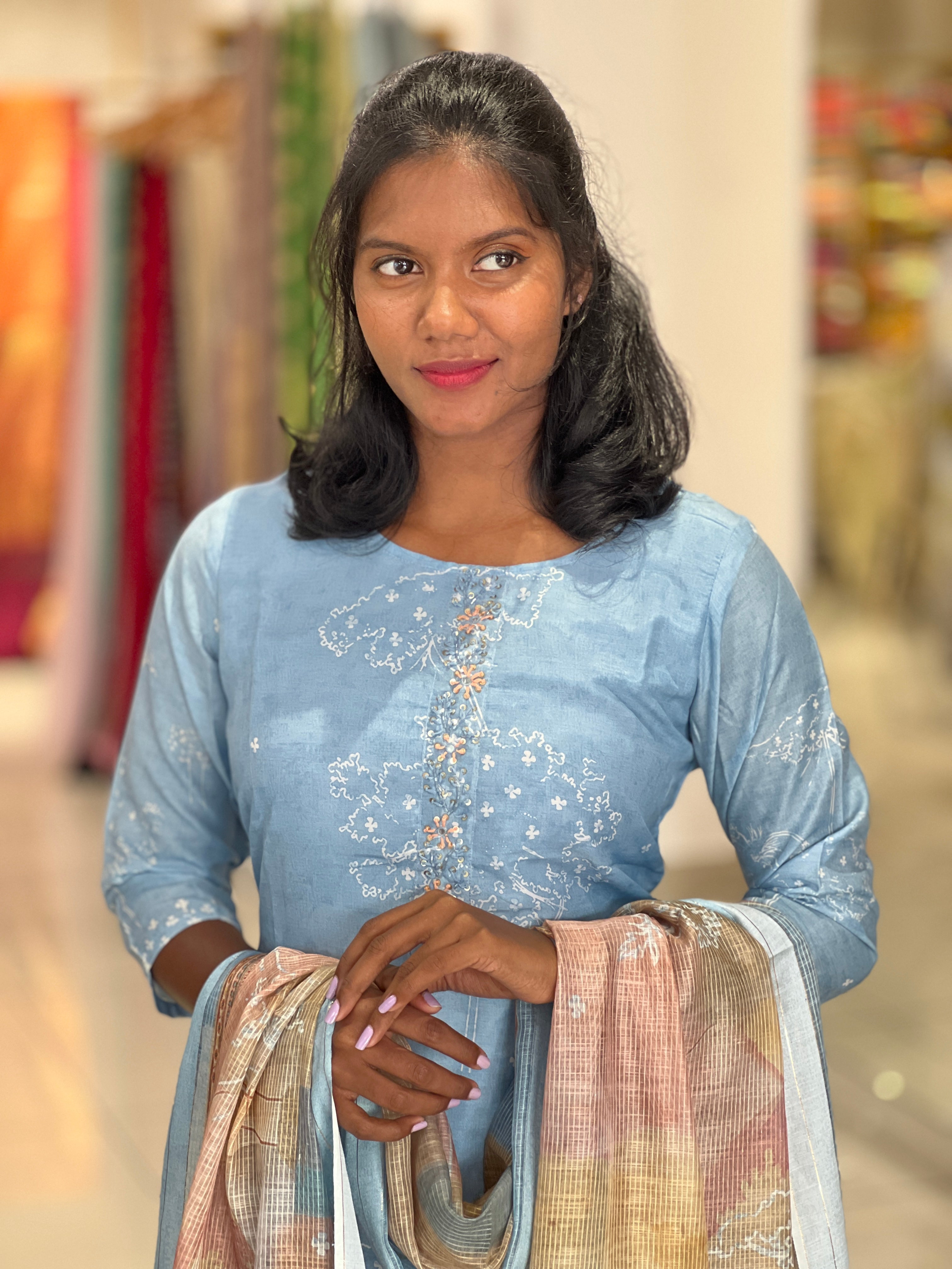 Print With Embroidery Detailed Cotton Blended Kurta Set | VFD110
