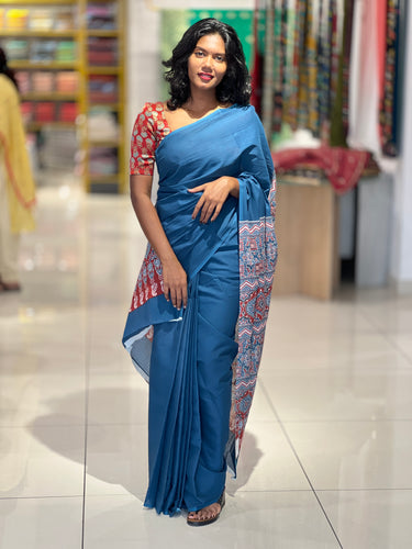 Ajrakh Inspired Print Pattern Cotton Saree |  VFC487
